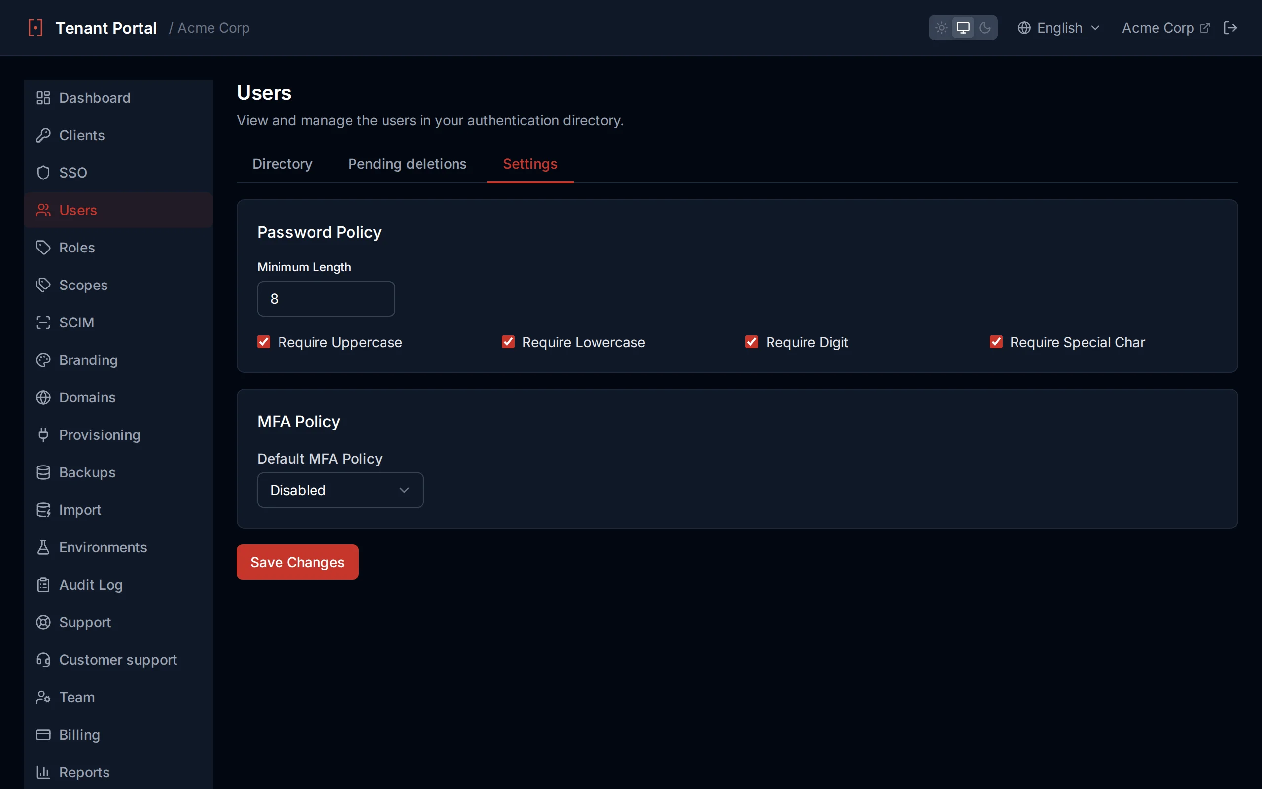 Password policy settings showing minimum length slider and toggle switches for character requirements