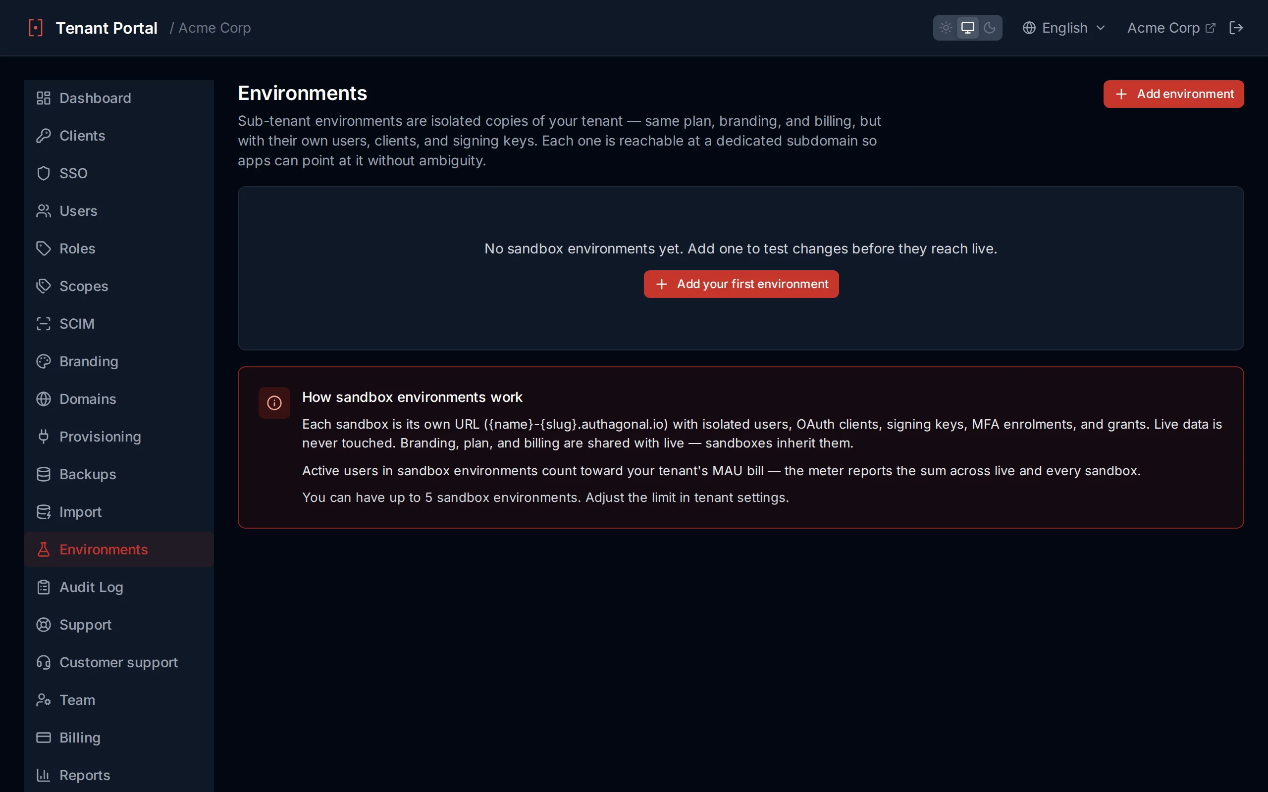 Sandbox settings showing enable/disable toggle, refresh from live button, and sandbox URL display