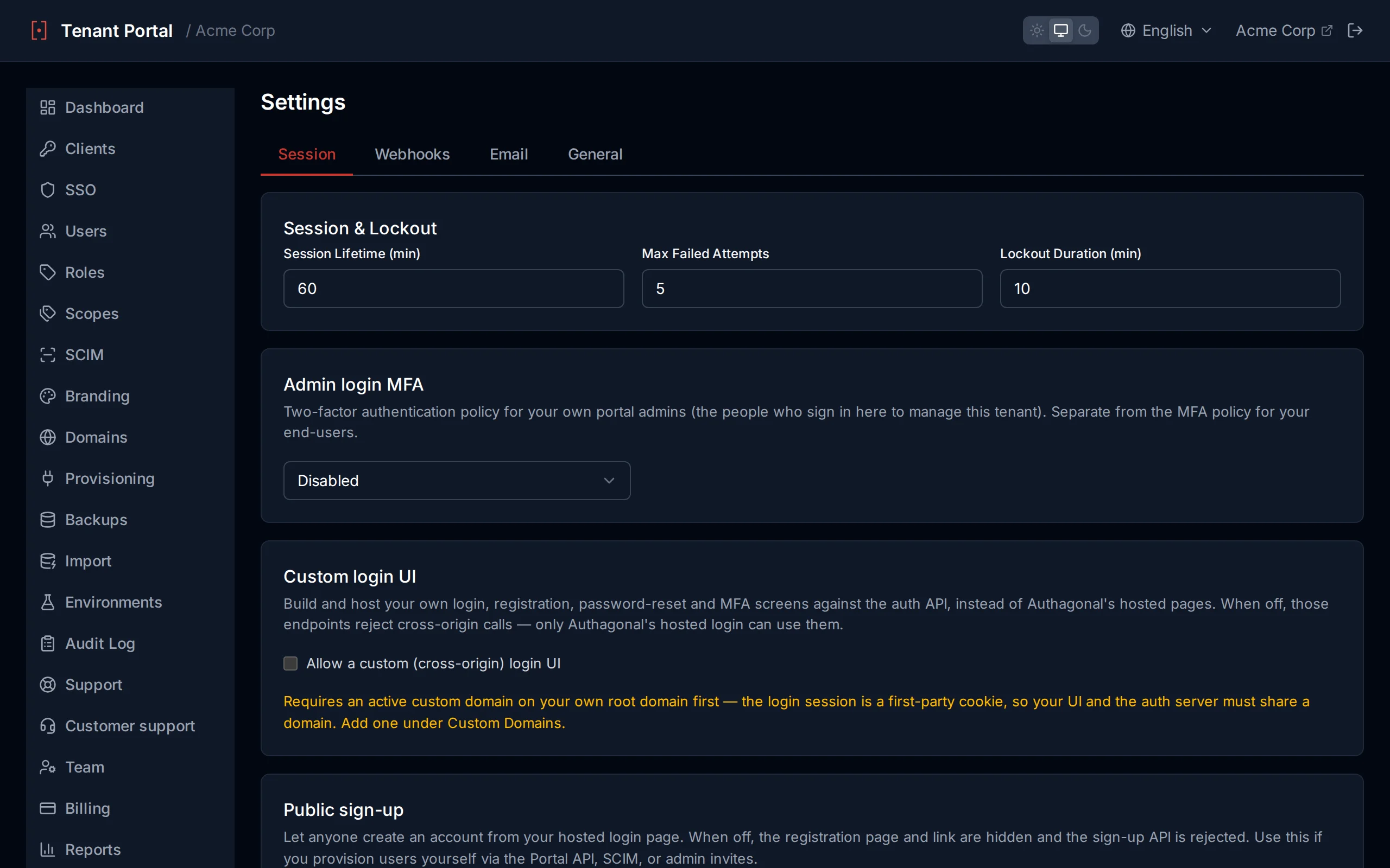 Session and lockout settings with numeric inputs for session lifetime, max failed attempts, and lockout duration