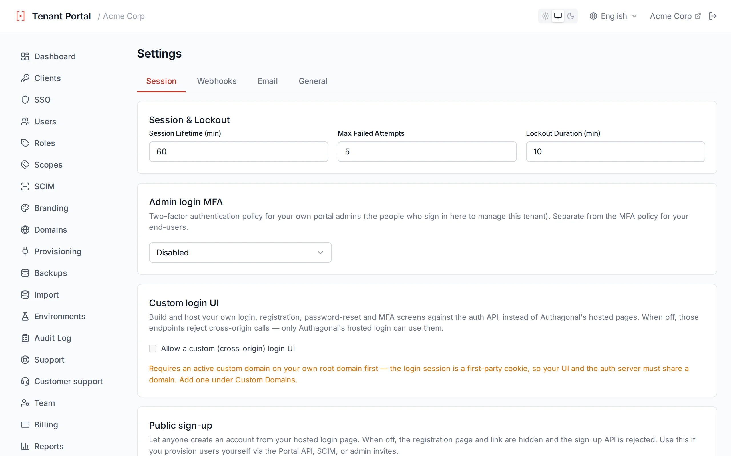 Session and lockout settings with numeric inputs for session lifetime, max failed attempts, and lockout duration