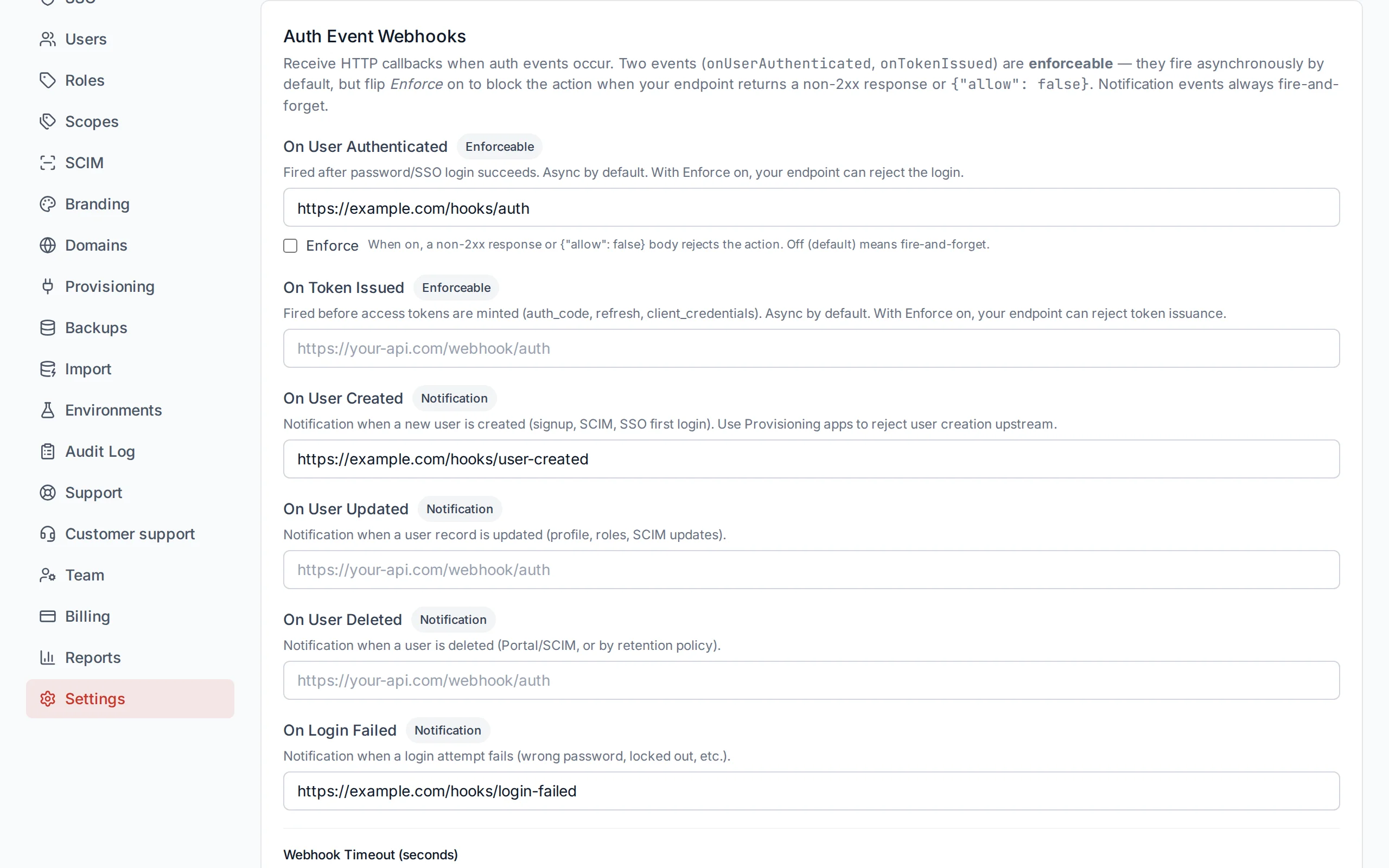 Webhook configuration section showing URL inputs for each event type, timeout slider, and fail-open toggle