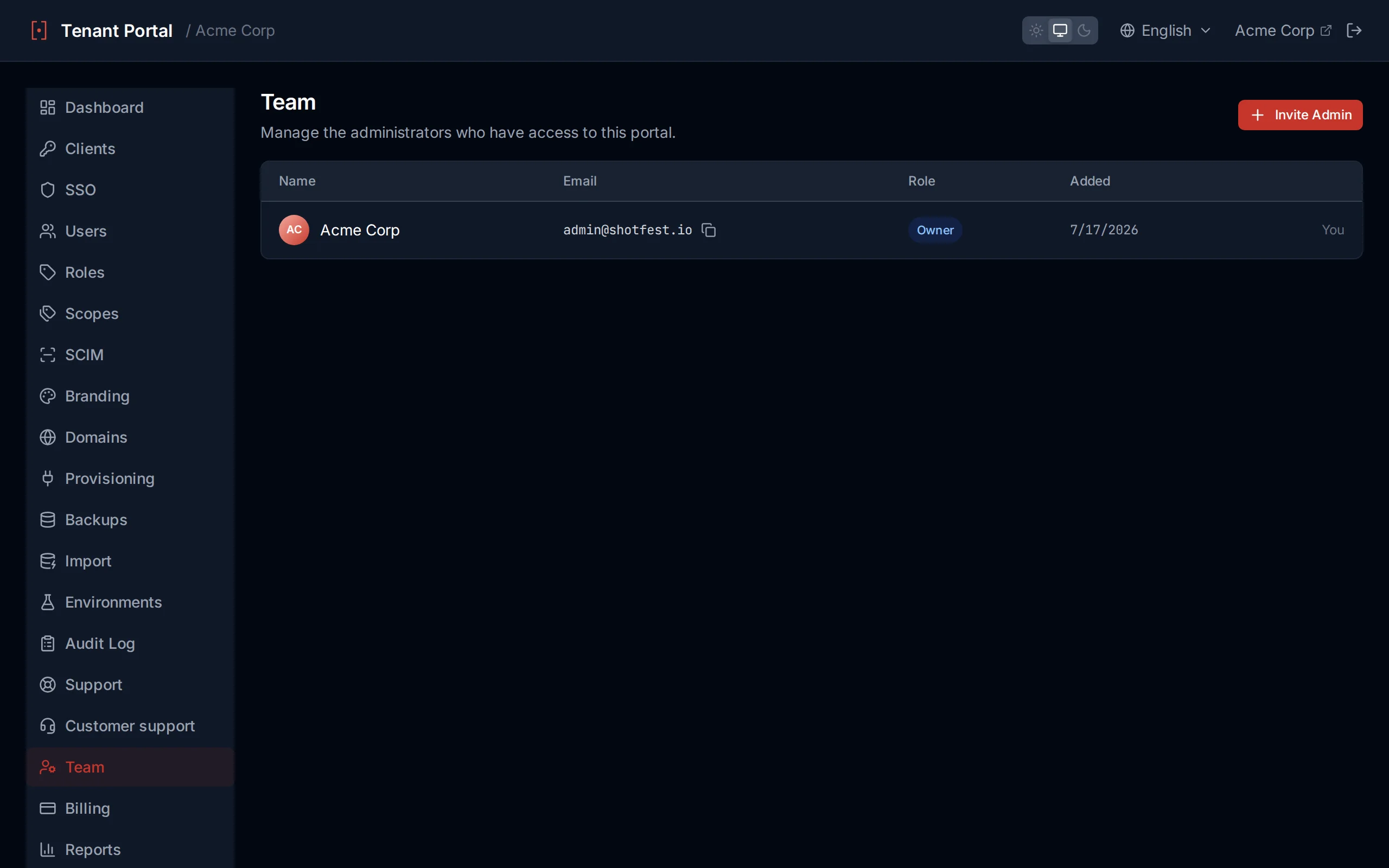 Team page showing the admin list with name, email, date added columns, a You indicator, and invite/remove controls