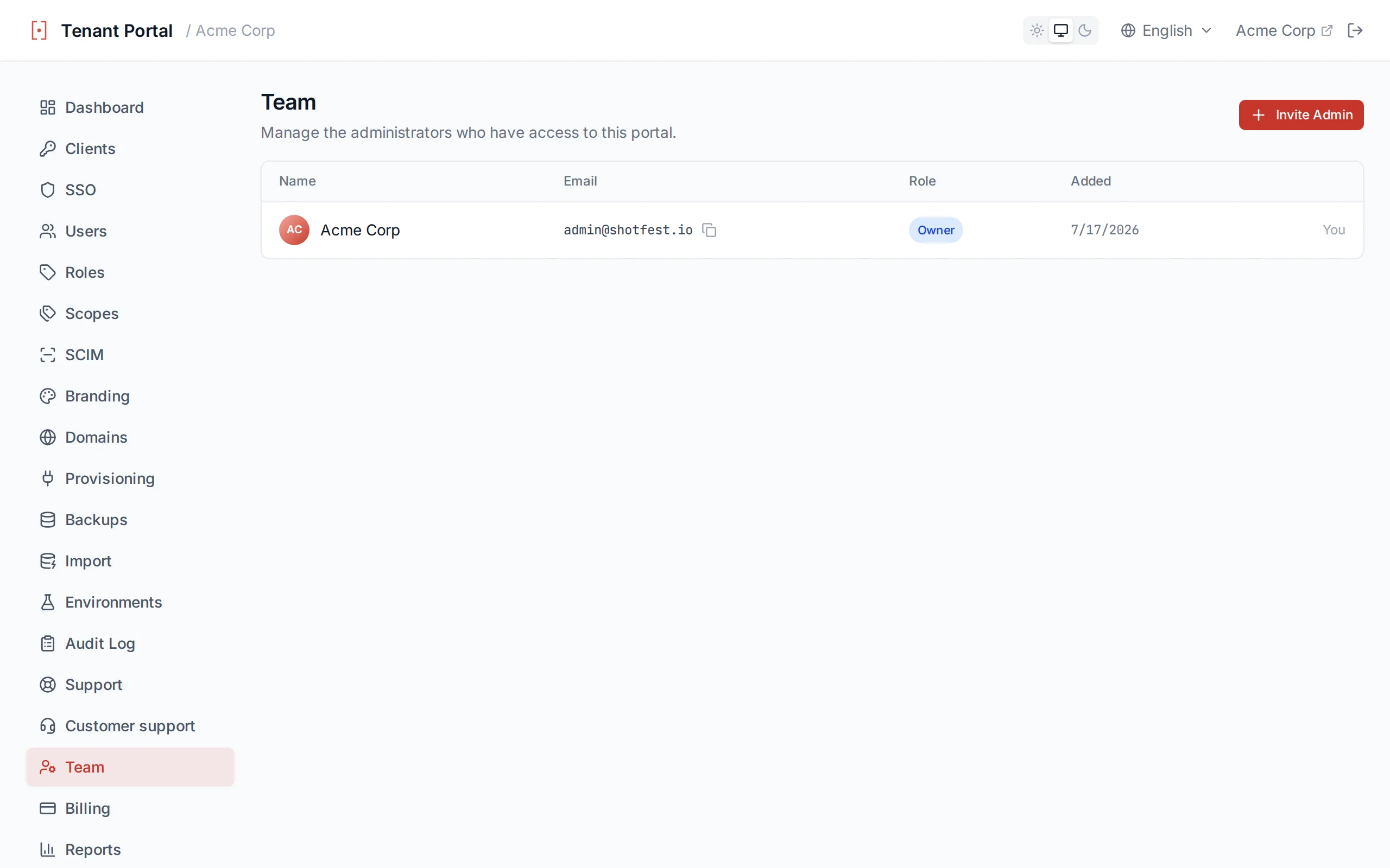 Team page showing the admin list with name, email, date added columns, a You indicator, and invite/remove controls