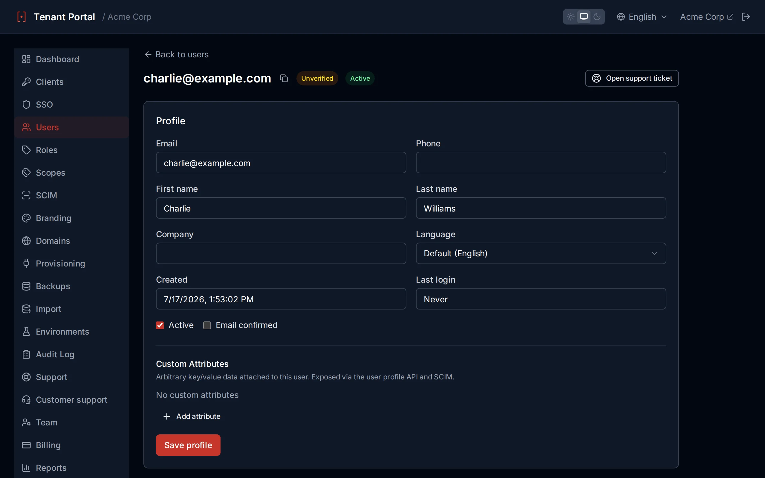 User detail page showing profile fields, status, assigned roles, and custom attributes