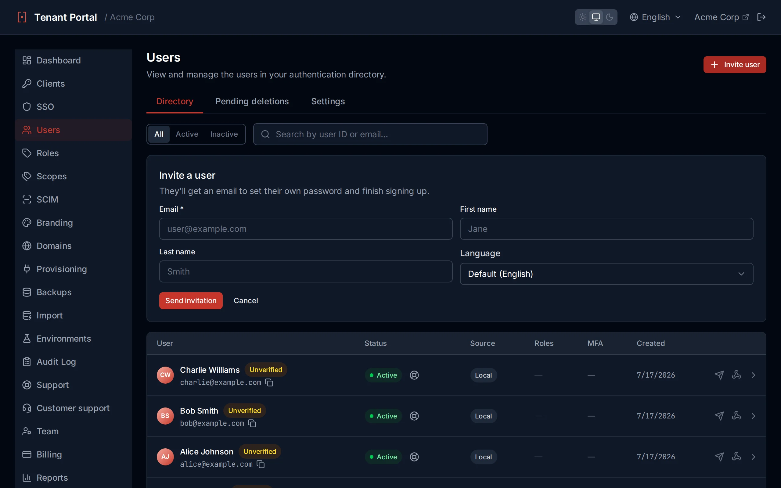 Create user form with email, password, first name, last name, and preferred Language fields