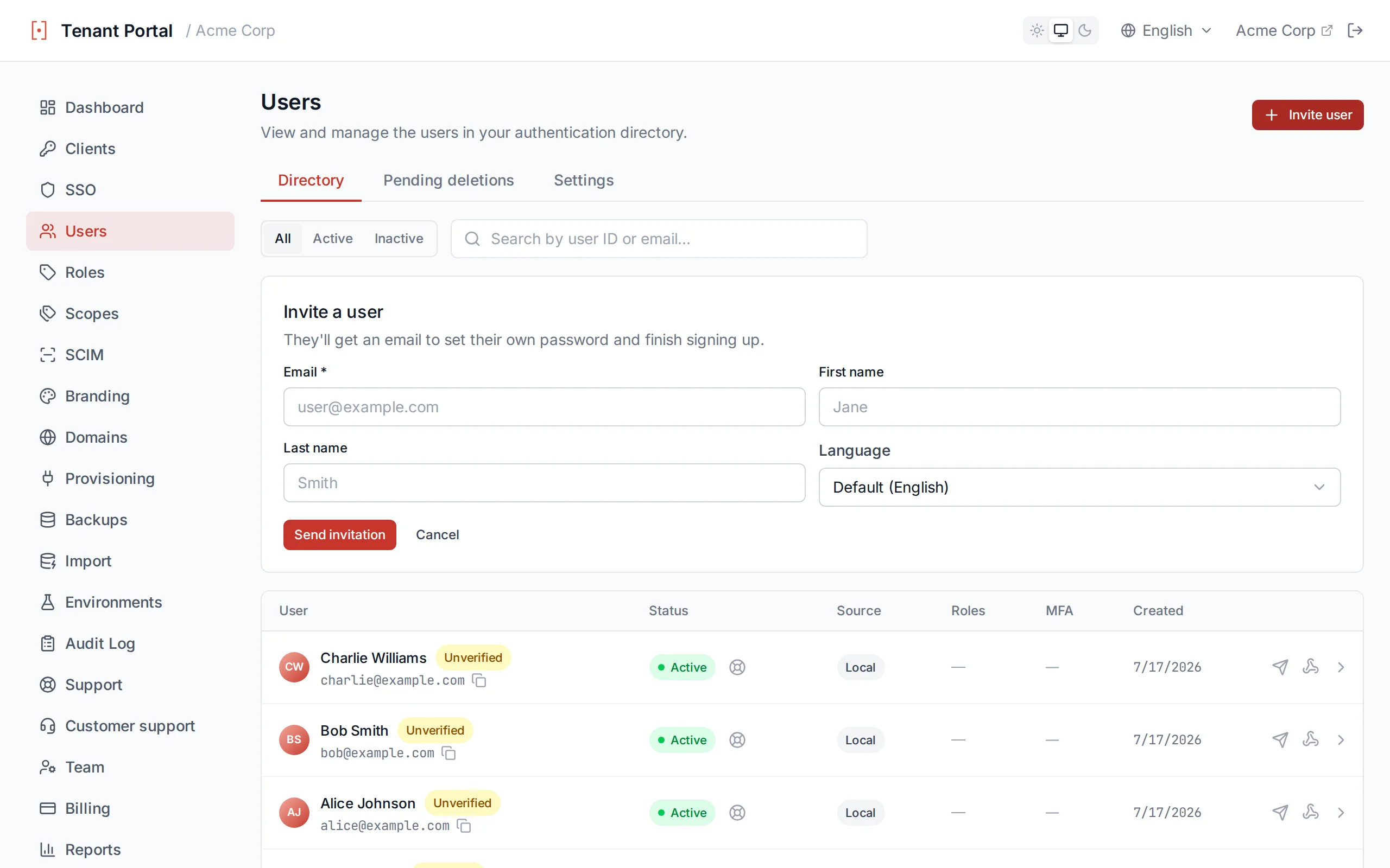 Create user form with email, password, first name, last name, and preferred Language fields