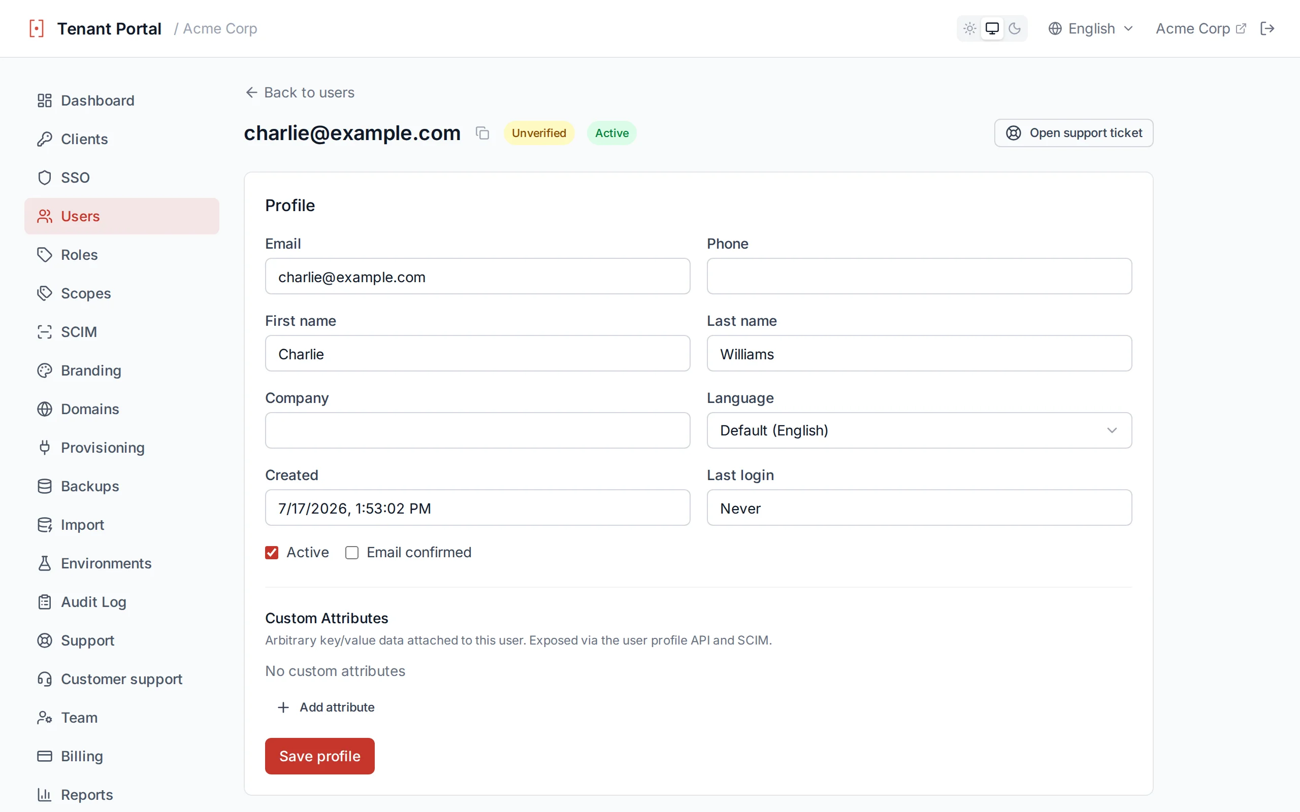 User detail edit form with profile fields including a preferred Language selector