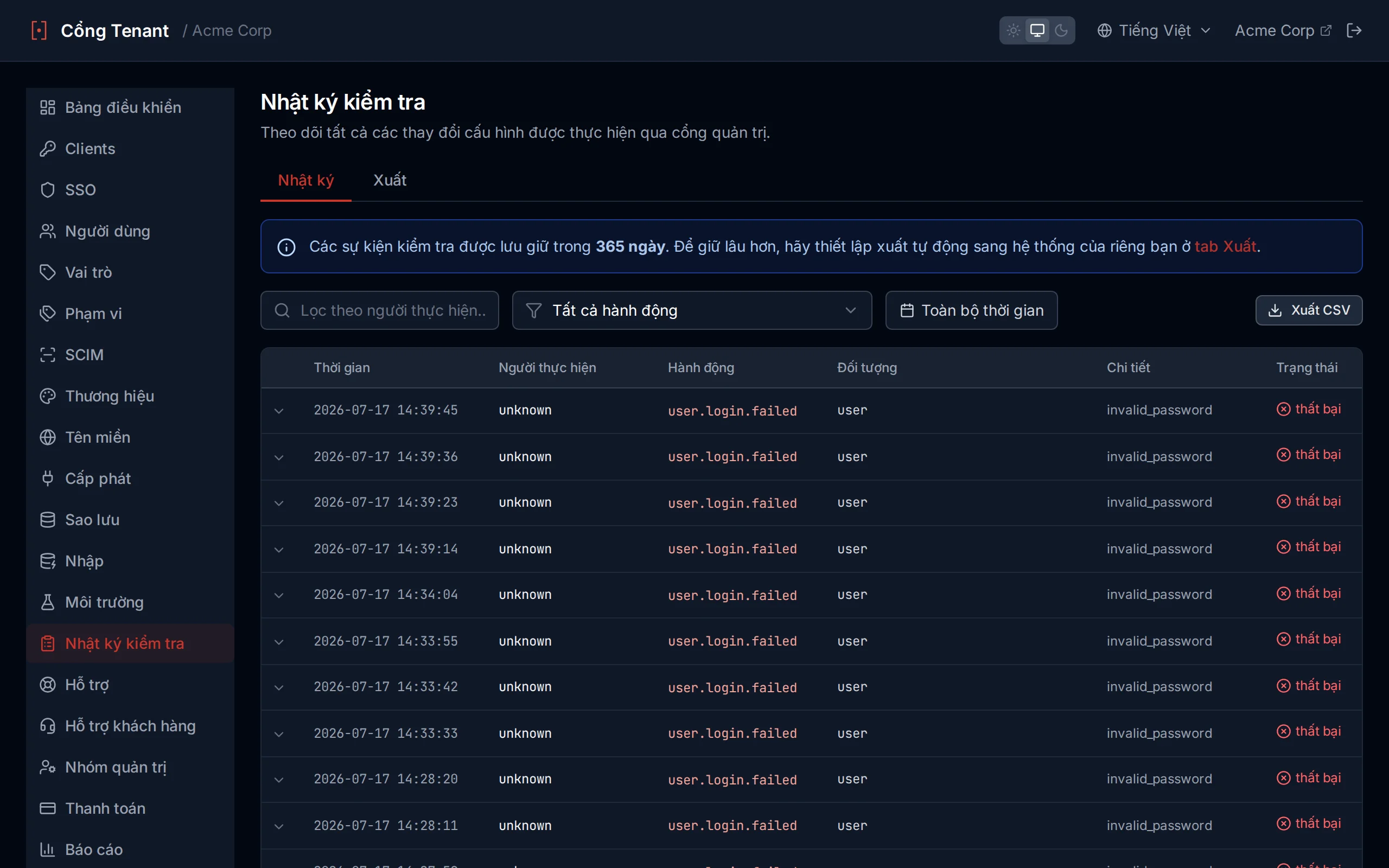 Audit log table showing timestamped administrative actions with actor, action, entity, and detail columns