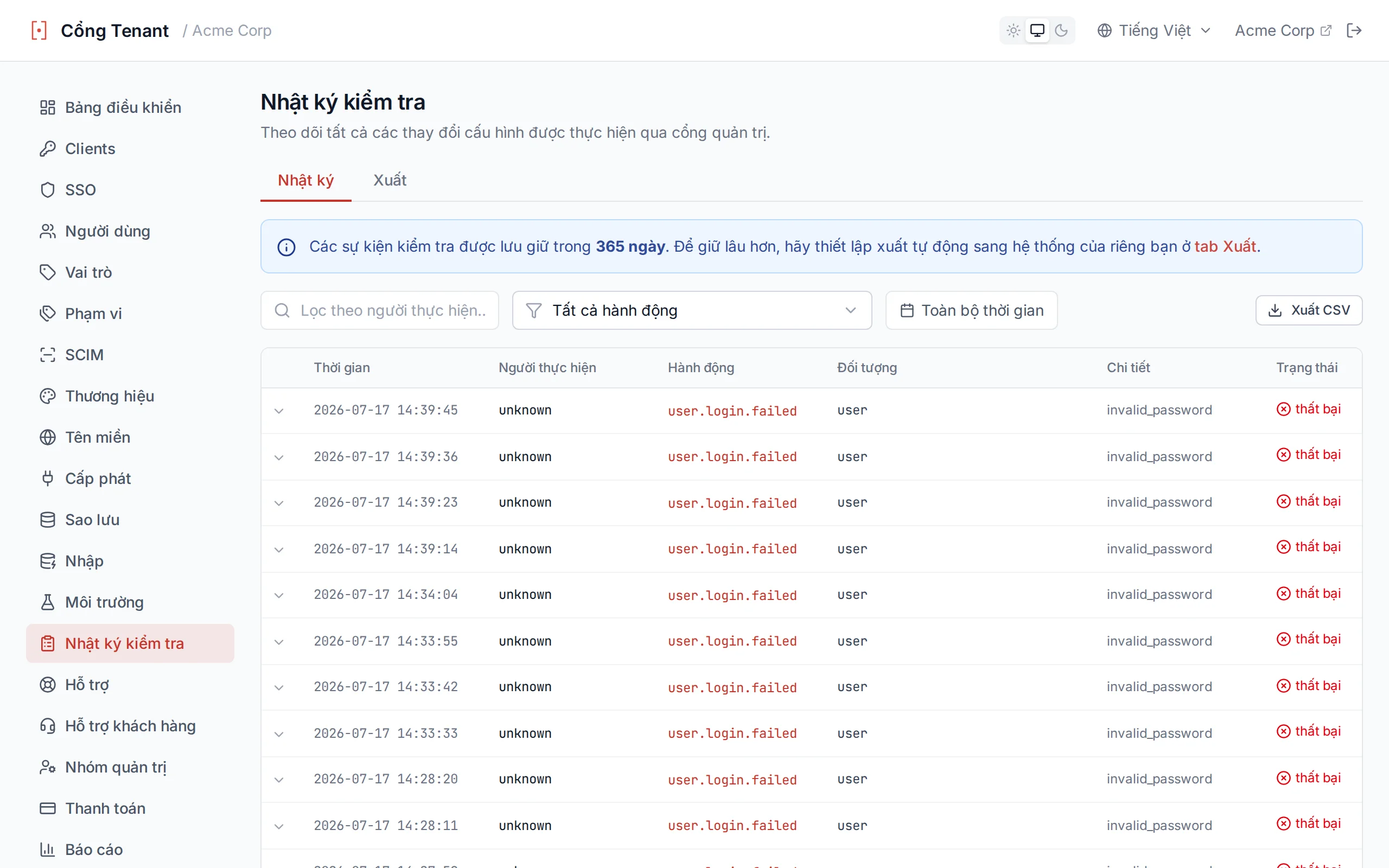 Audit log table showing timestamped administrative actions with actor, action, entity, and detail columns
