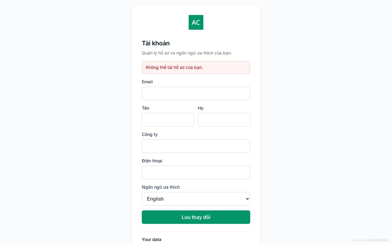 Self-service account screen with editable profile fields and a preferred Language selector