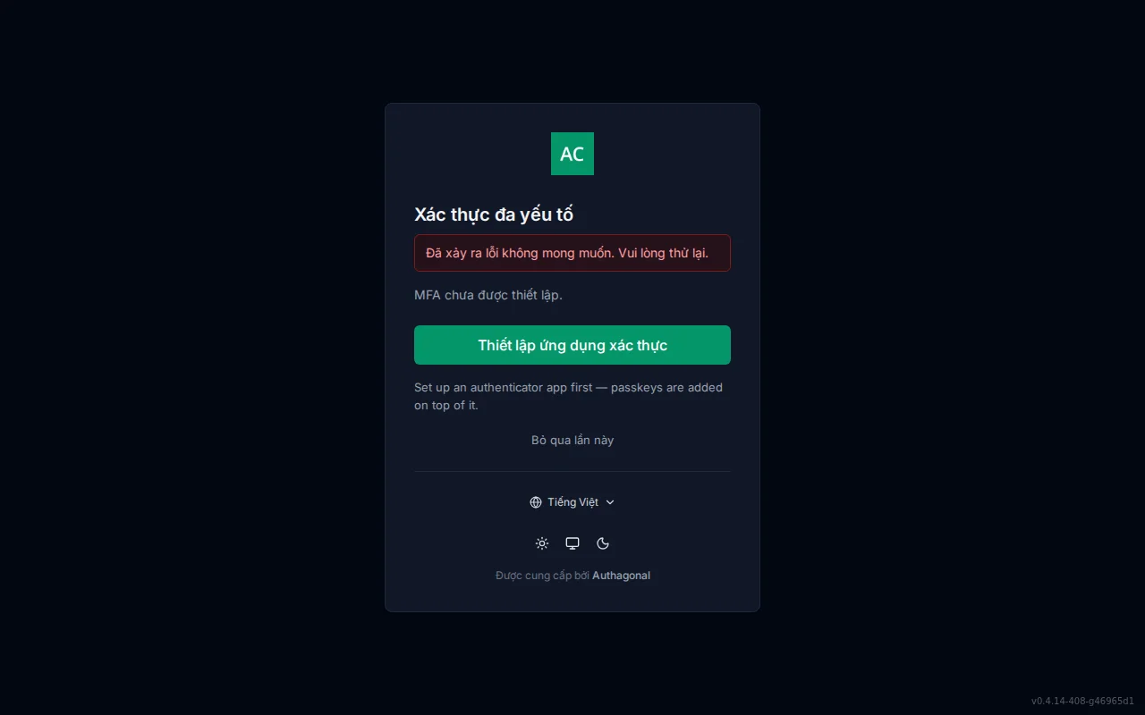MFA setup screen showing enrolled-method status, authenticator QR code and manual key, passkey enrolment, and recovery-code generation
