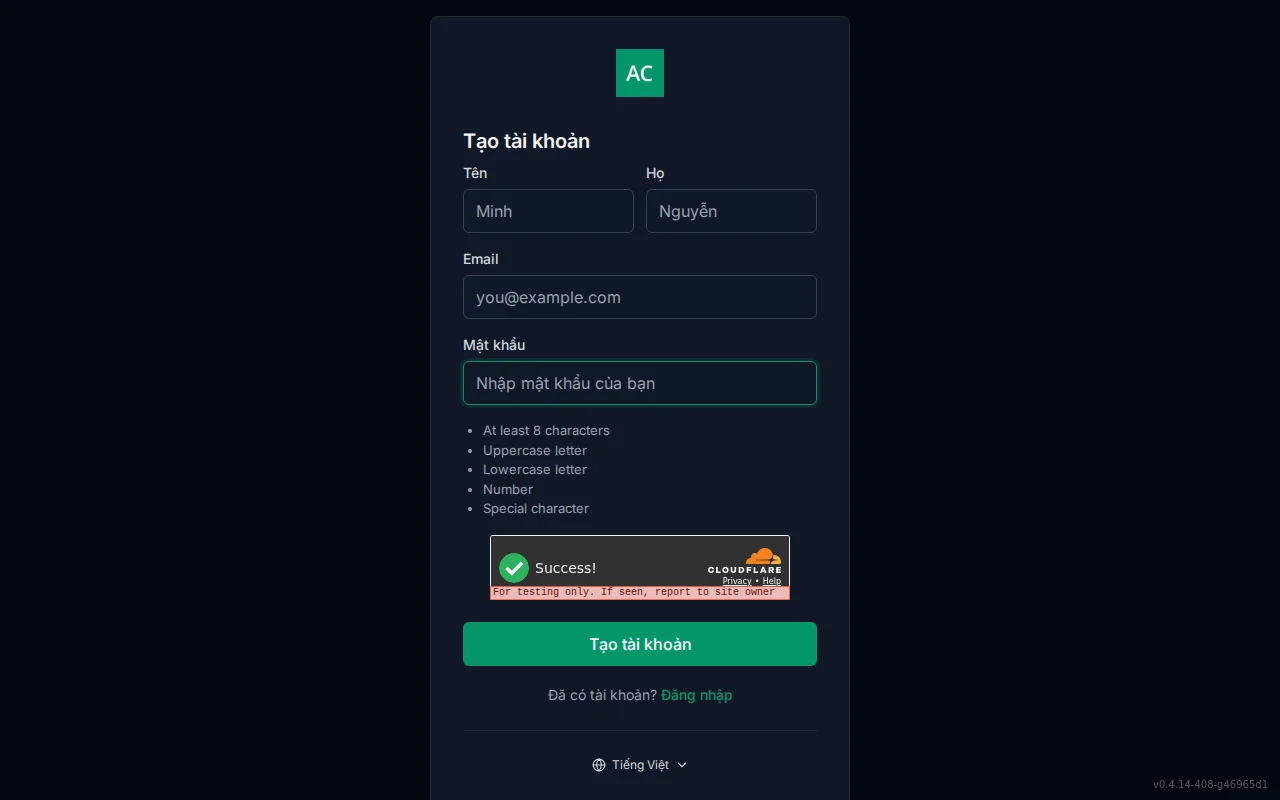 Account registration screen with first and last name fields, email, password, and a live password-policy checklist
