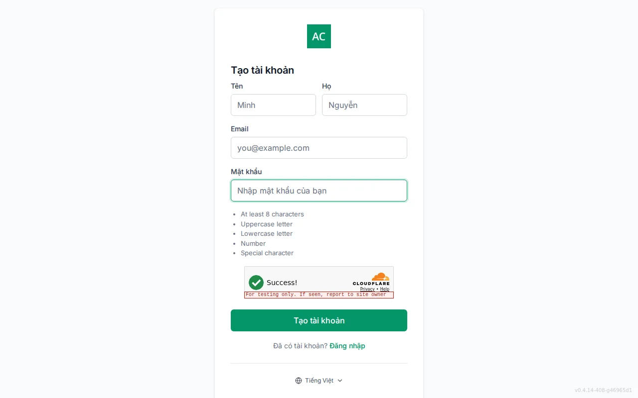 Account registration screen with first and last name fields, email, password, and a live password-policy checklist
