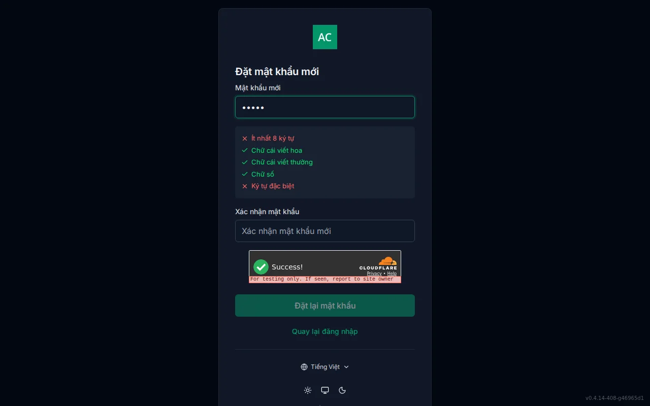 Reset-password screen with new and confirm password fields and a live per-rule requirement checklist
