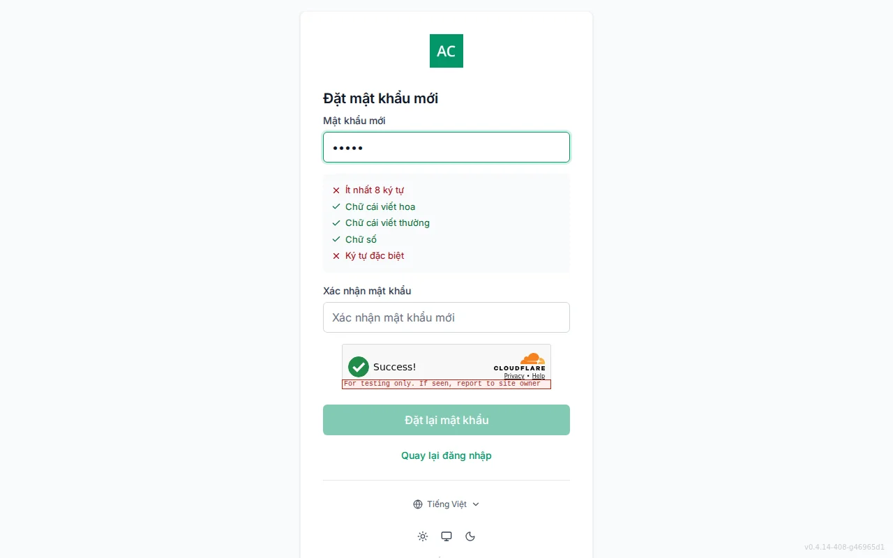 Reset-password screen with new and confirm password fields and a live per-rule requirement checklist