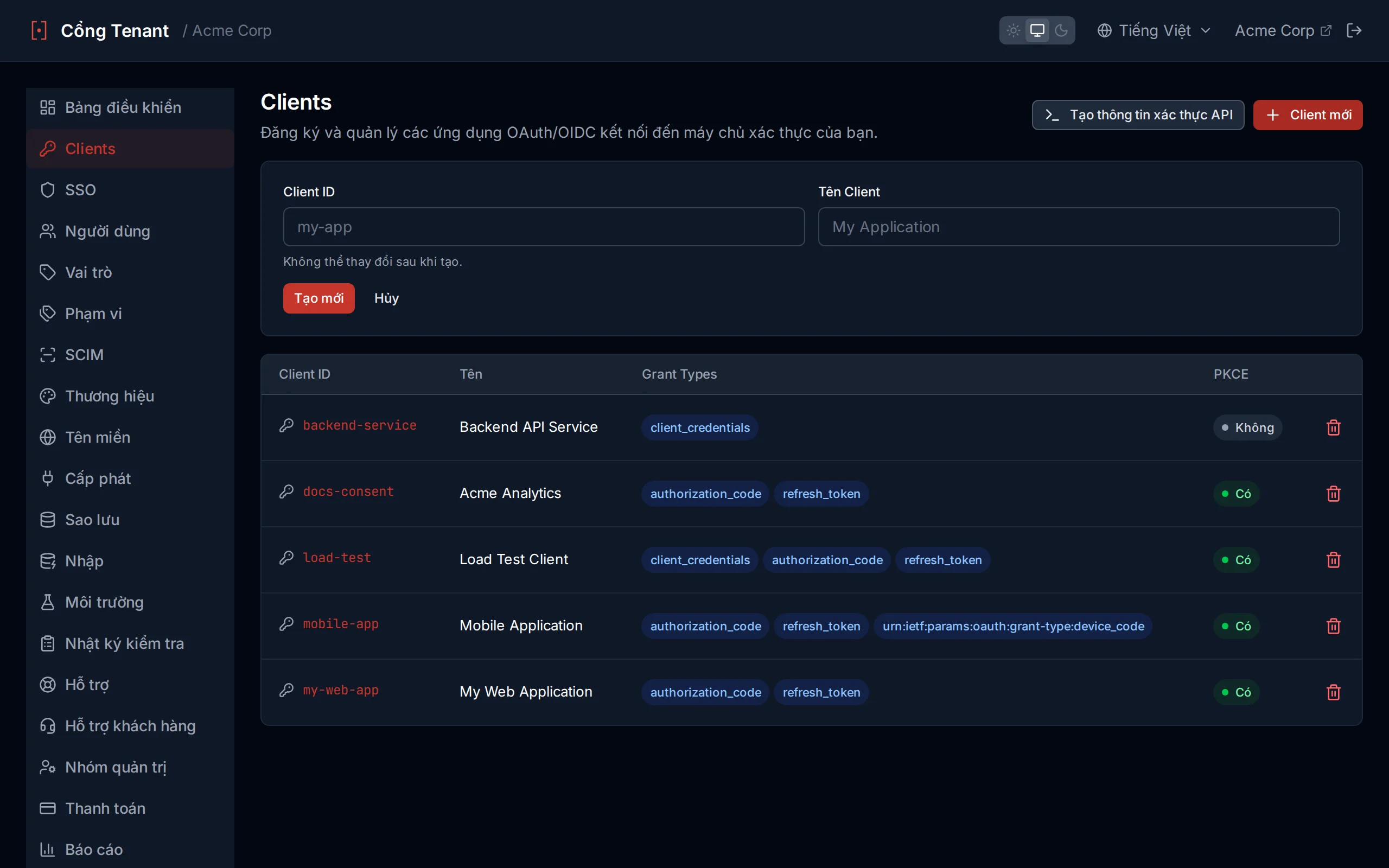 Client creation form with clientId, clientName, and redirect URI fields
