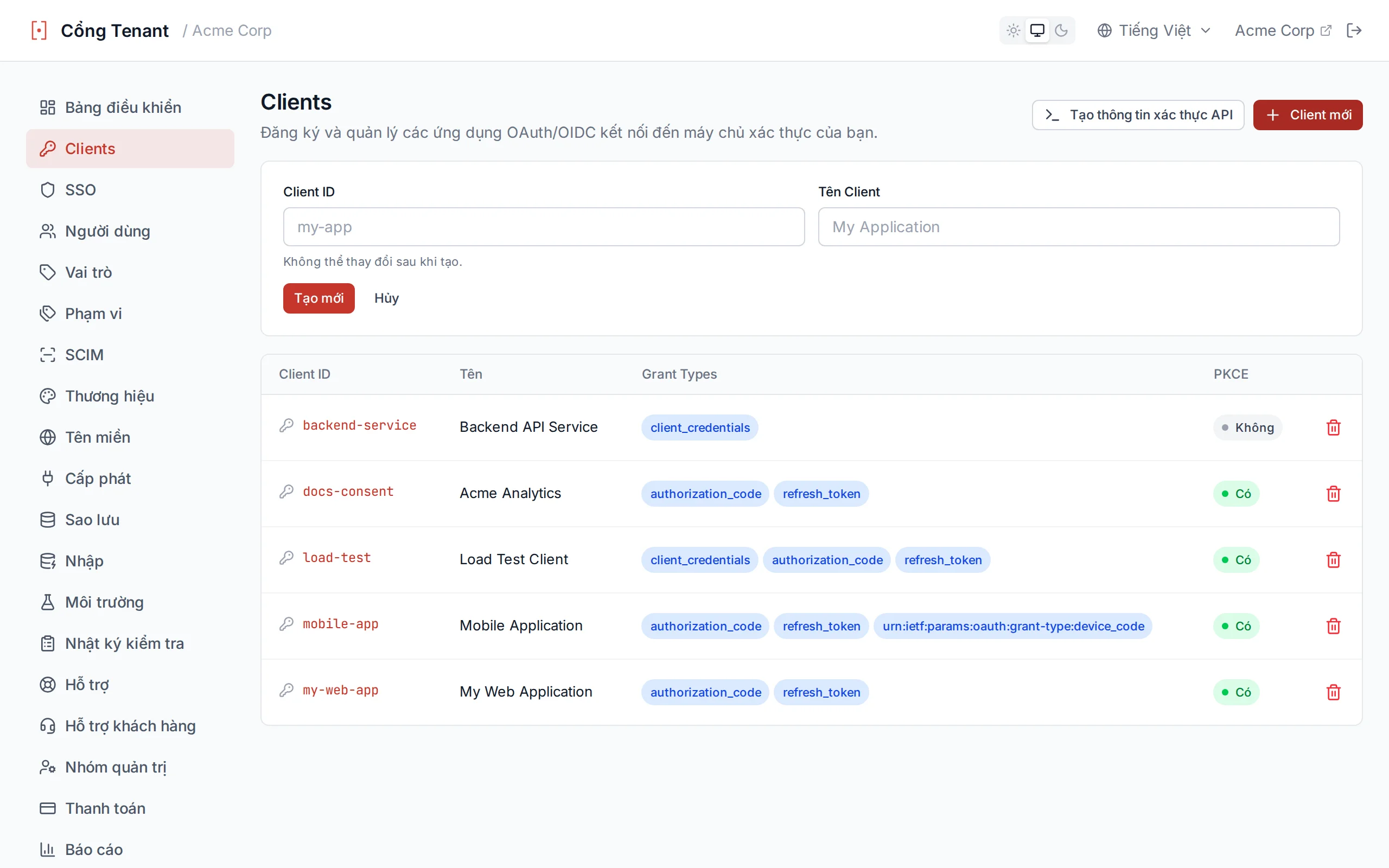Create client form with clientId and clientName input fields
