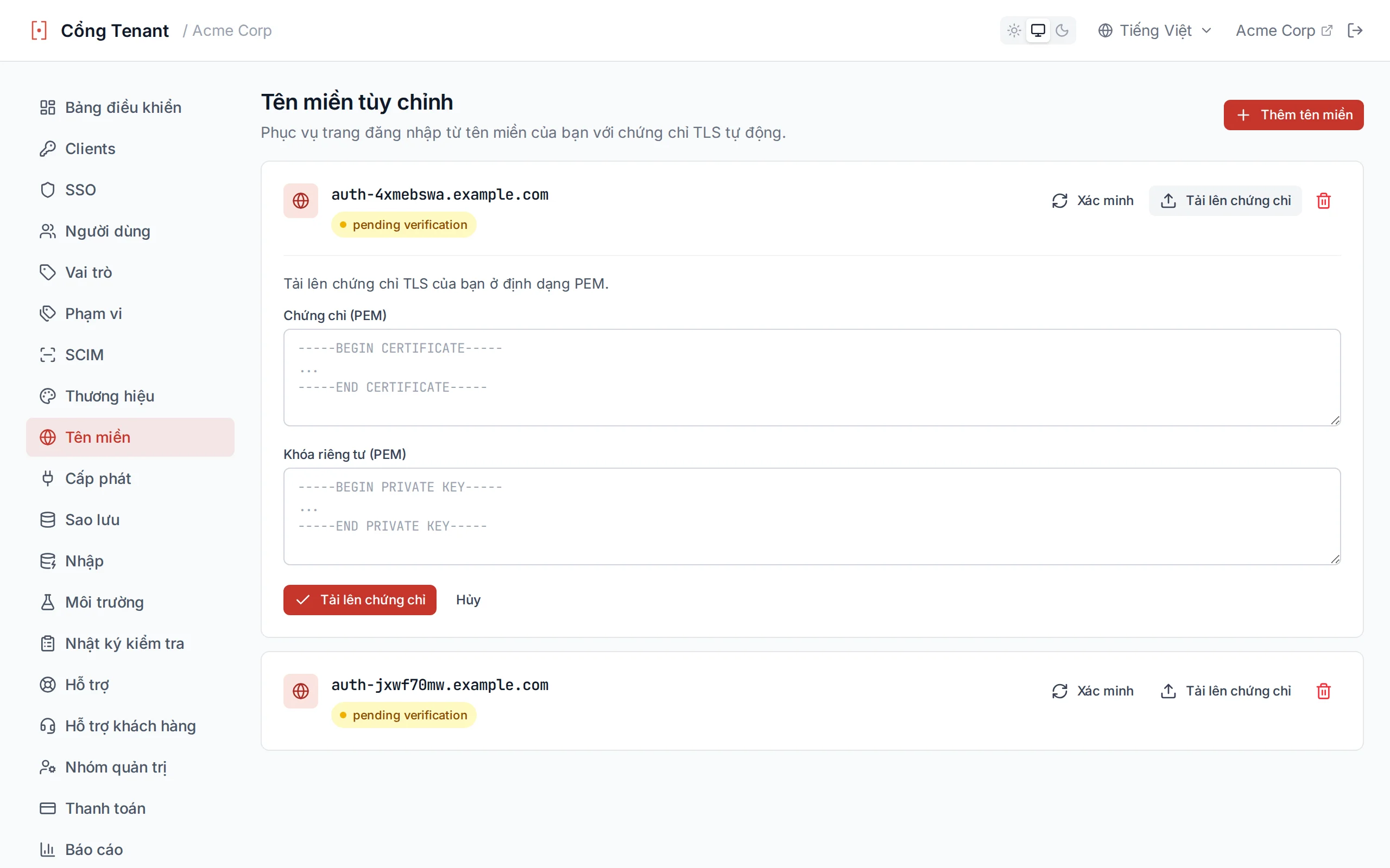 BYO certificate upload form with certificate and private key PEM fields