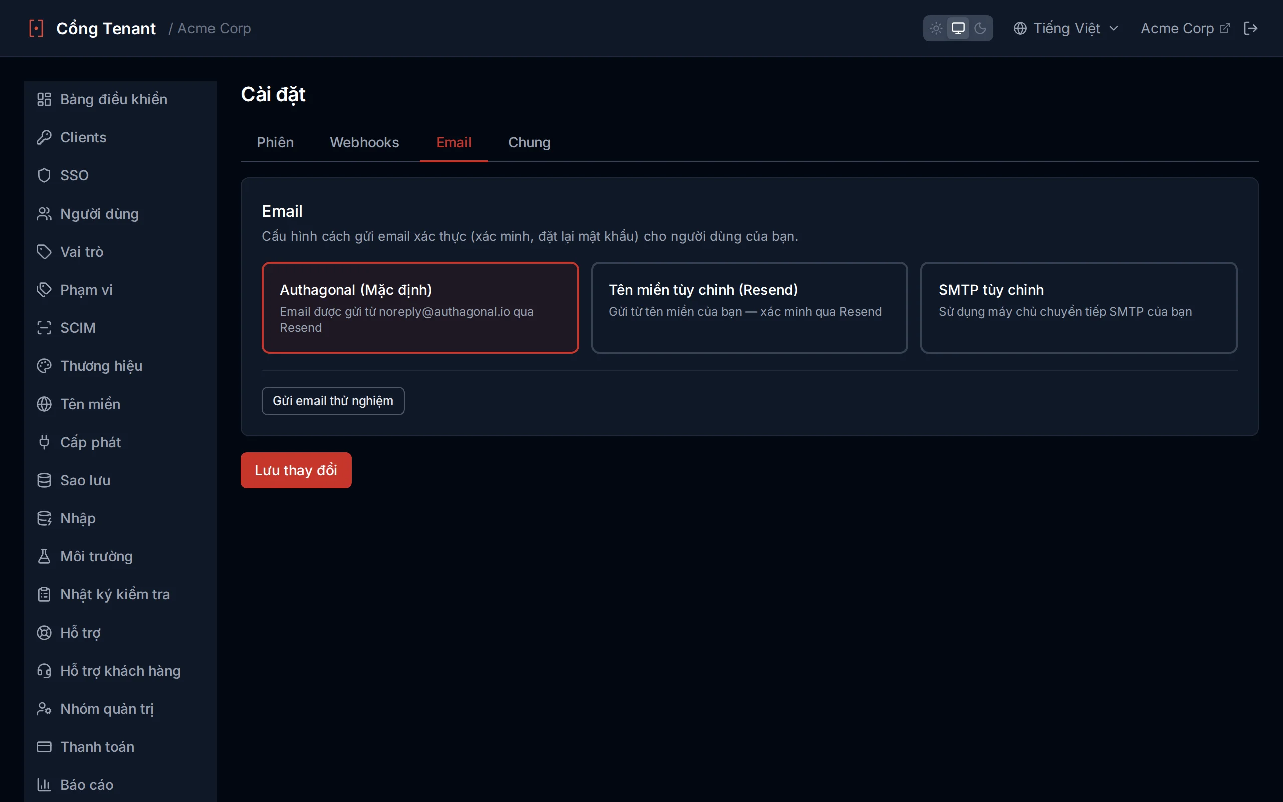 Email settings showing provider options (default, Resend domain, custom SMTP) and a test-send