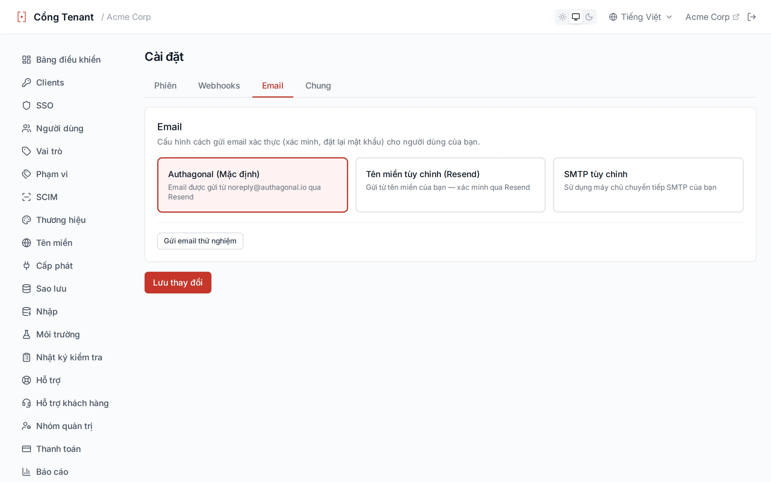 Email settings showing provider options (default, Resend domain, custom SMTP) and a test-send