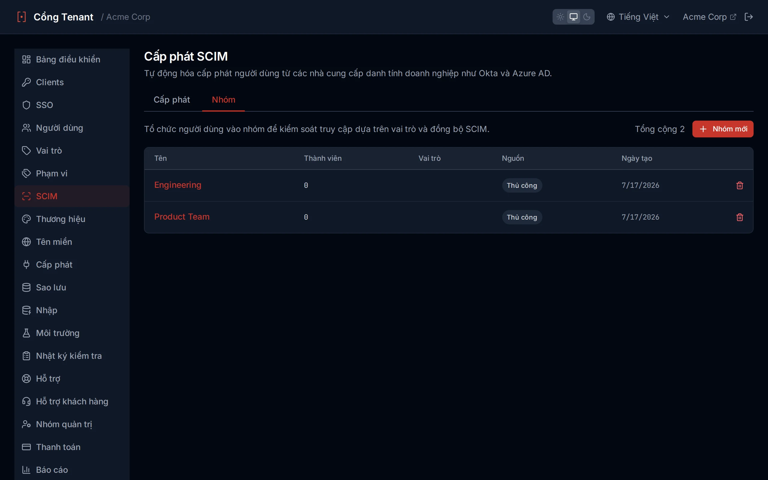 Groups list table showing group name, member count, source badge, and created date