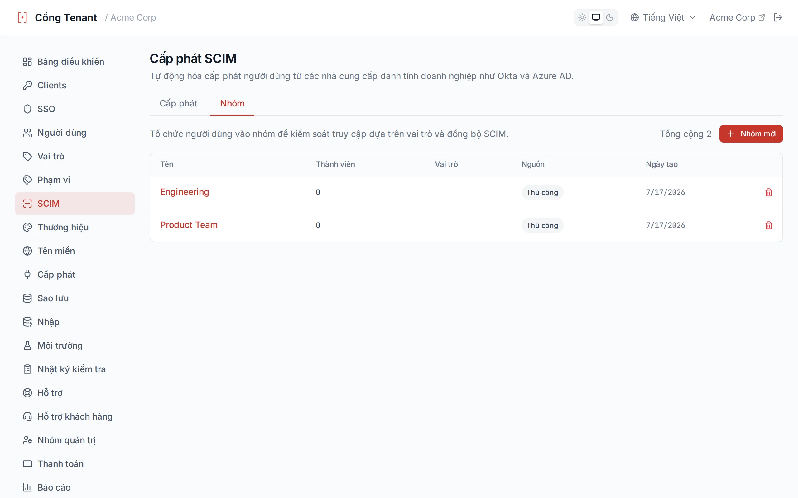 Groups list table showing group name, member count, source badge, and created date