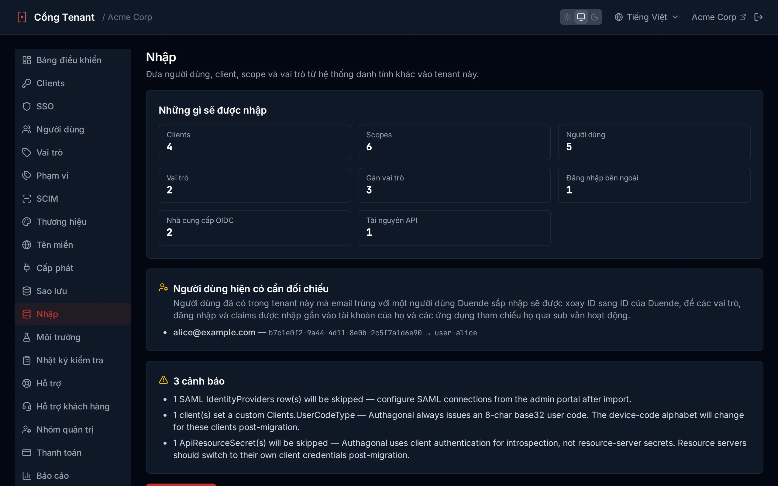 Import preview panel showing entity counts and warnings before committing the import