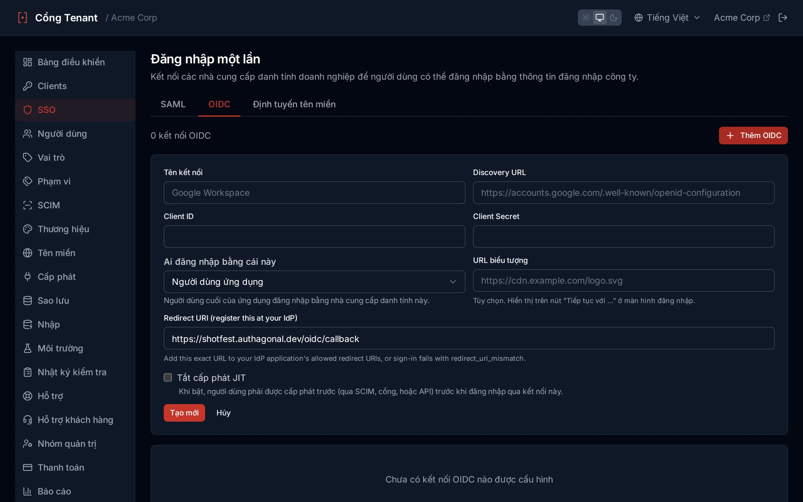 OIDC connection creation form with fields for connection name, discovery URL, client ID, and client secret