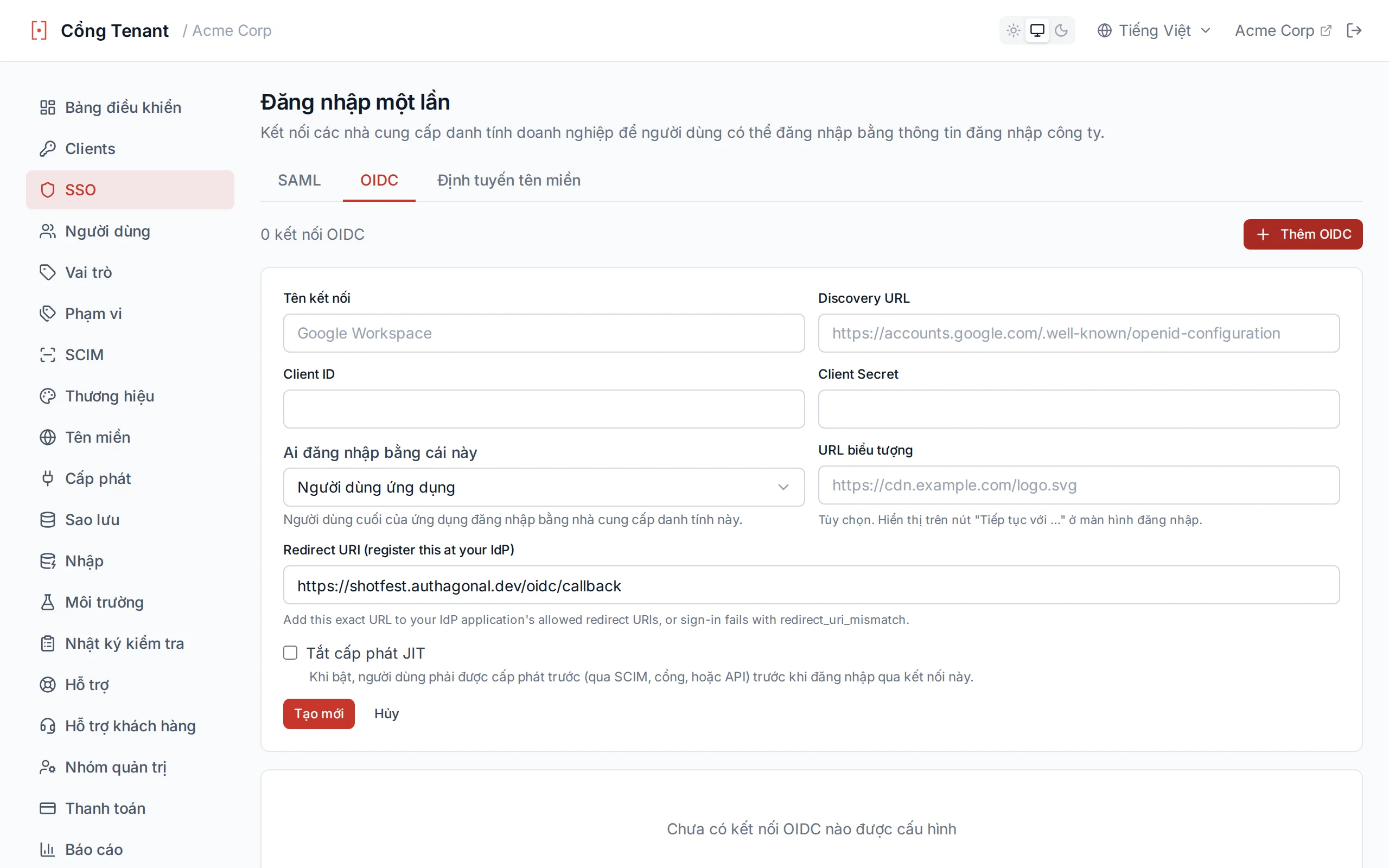OIDC connection creation form with fields for connection name, discovery URL, client ID, and client secret