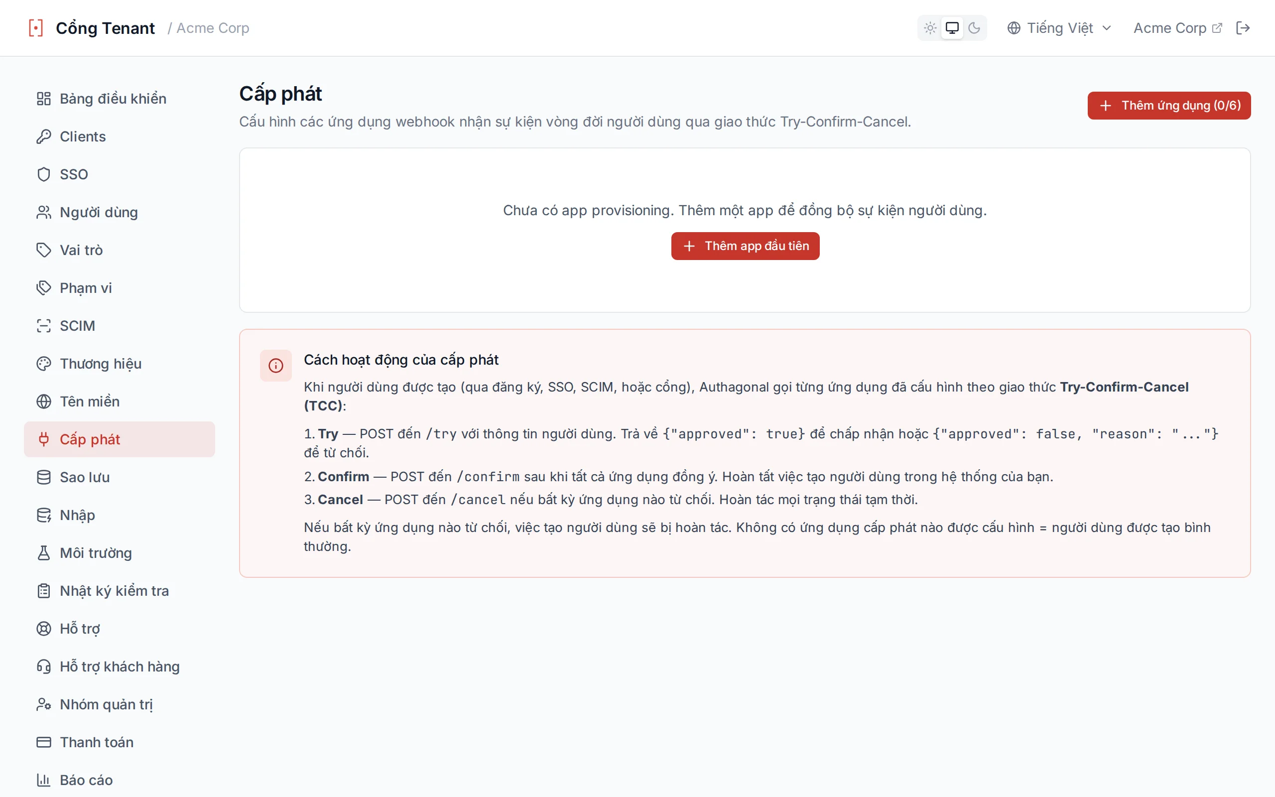 Provisioning apps page showing configured apps with test results displaying HTTP status and response body