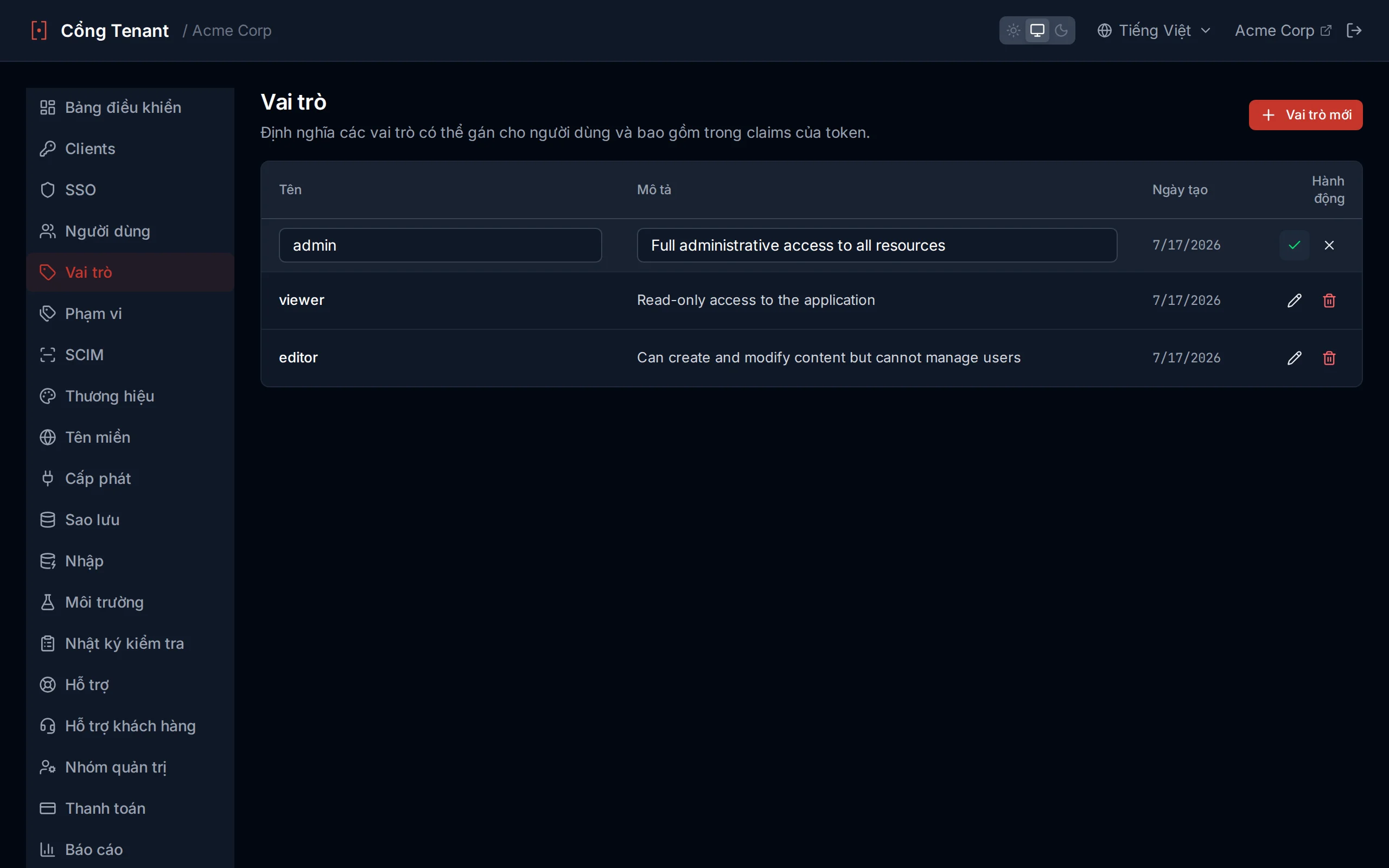 Roles table with inline editing active, showing editable name and description fields with save and cancel icons