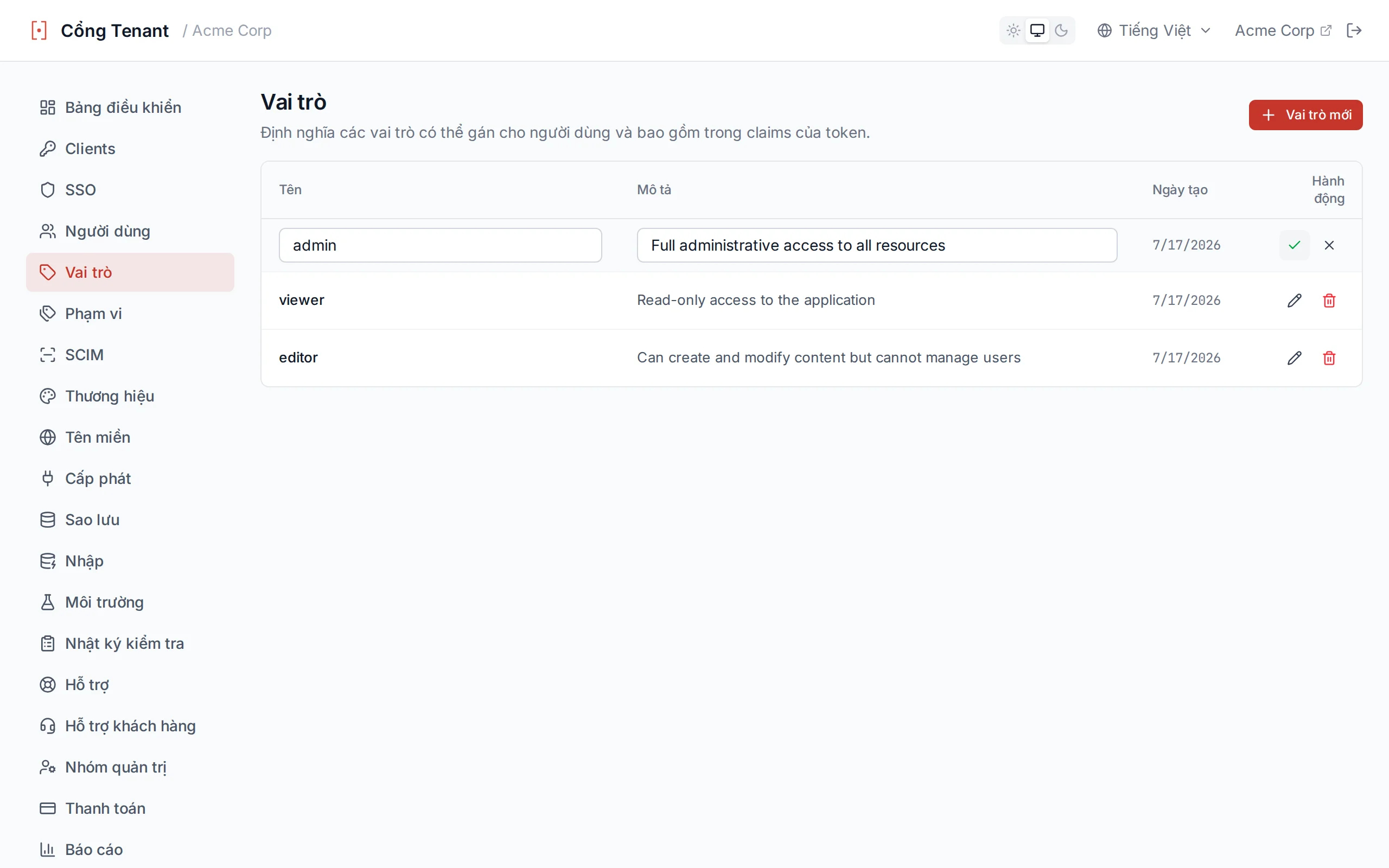 Roles table with inline editing active, showing editable name and description fields with save and cancel icons