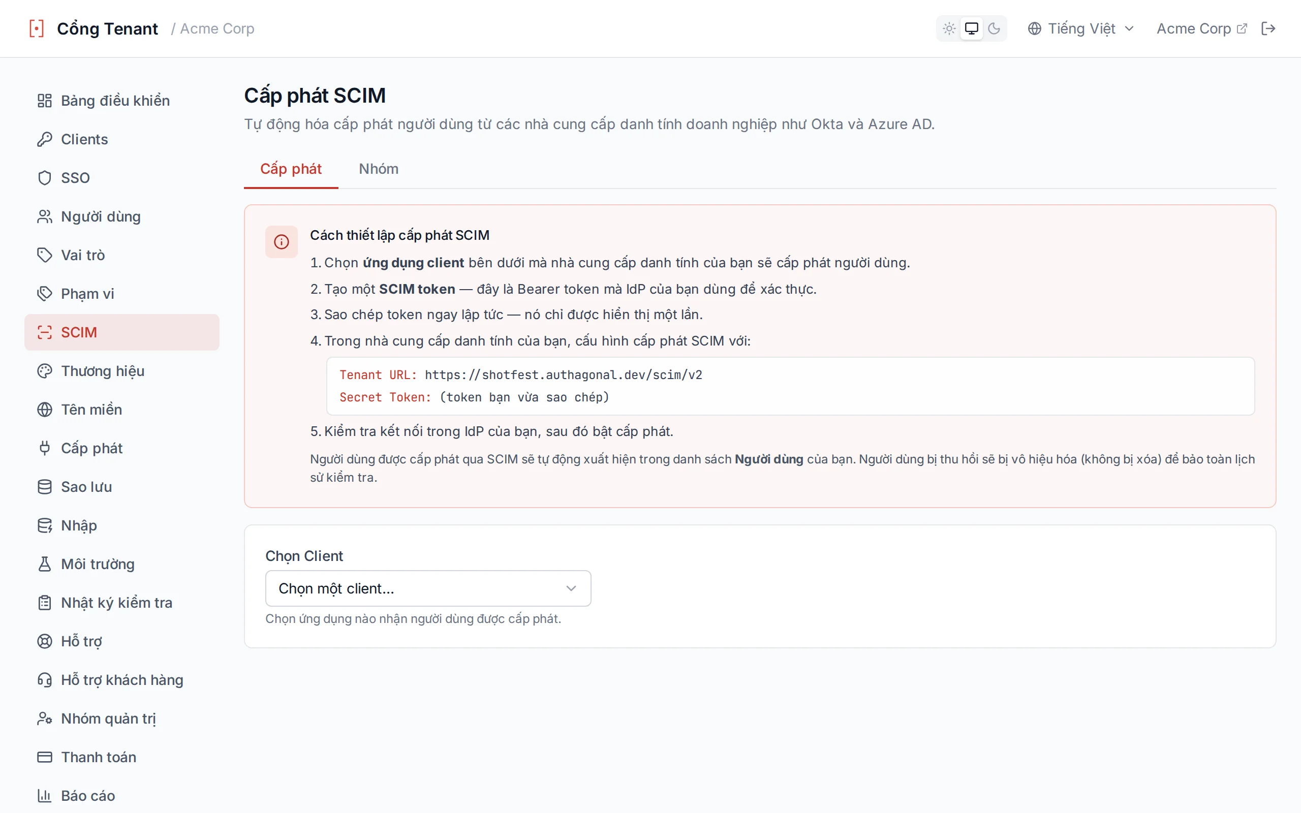 SCIM configuration page showing client selector, token generation form, and base URL
