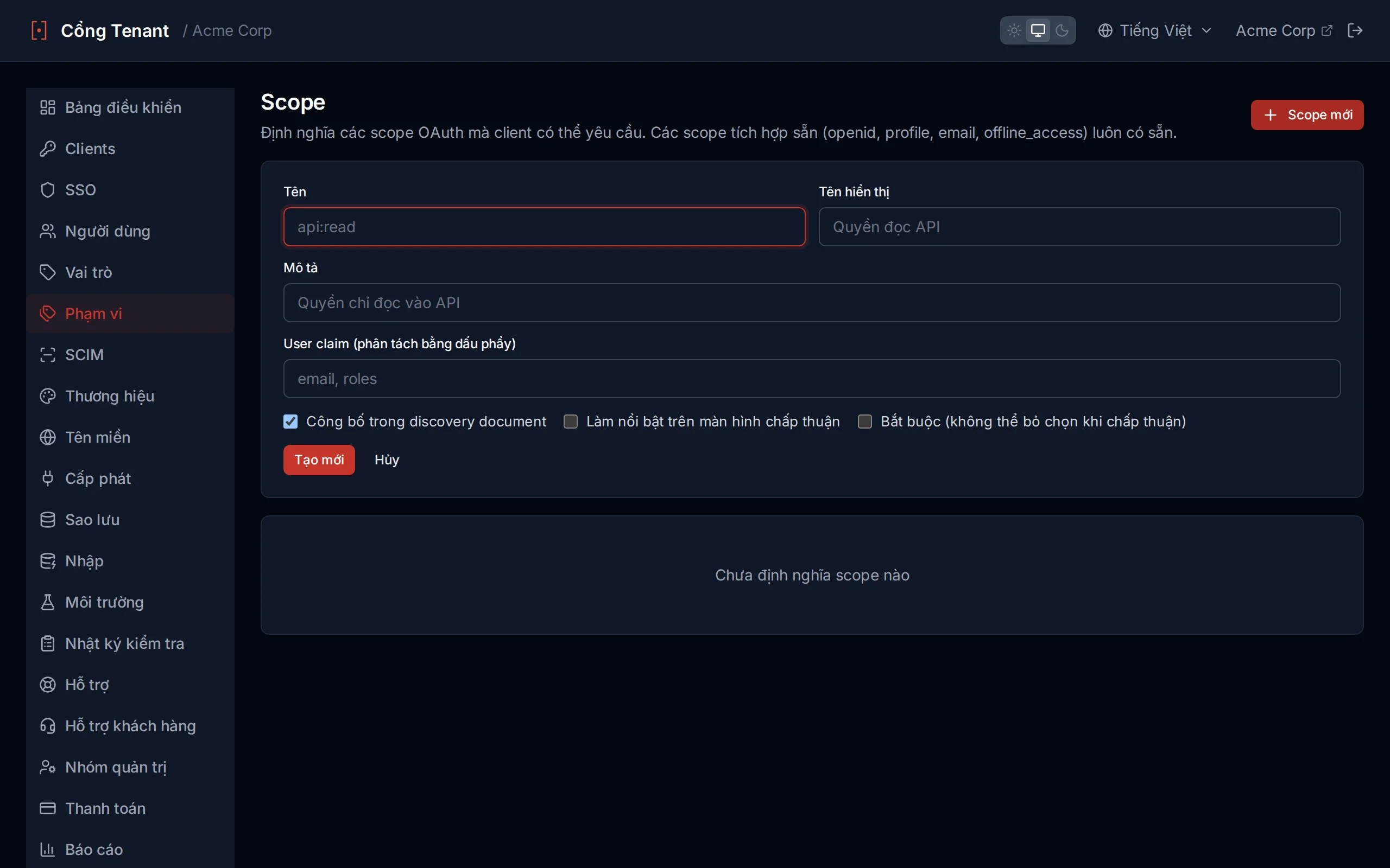 Custom scope creation form with name, display name, description and User Claims fields