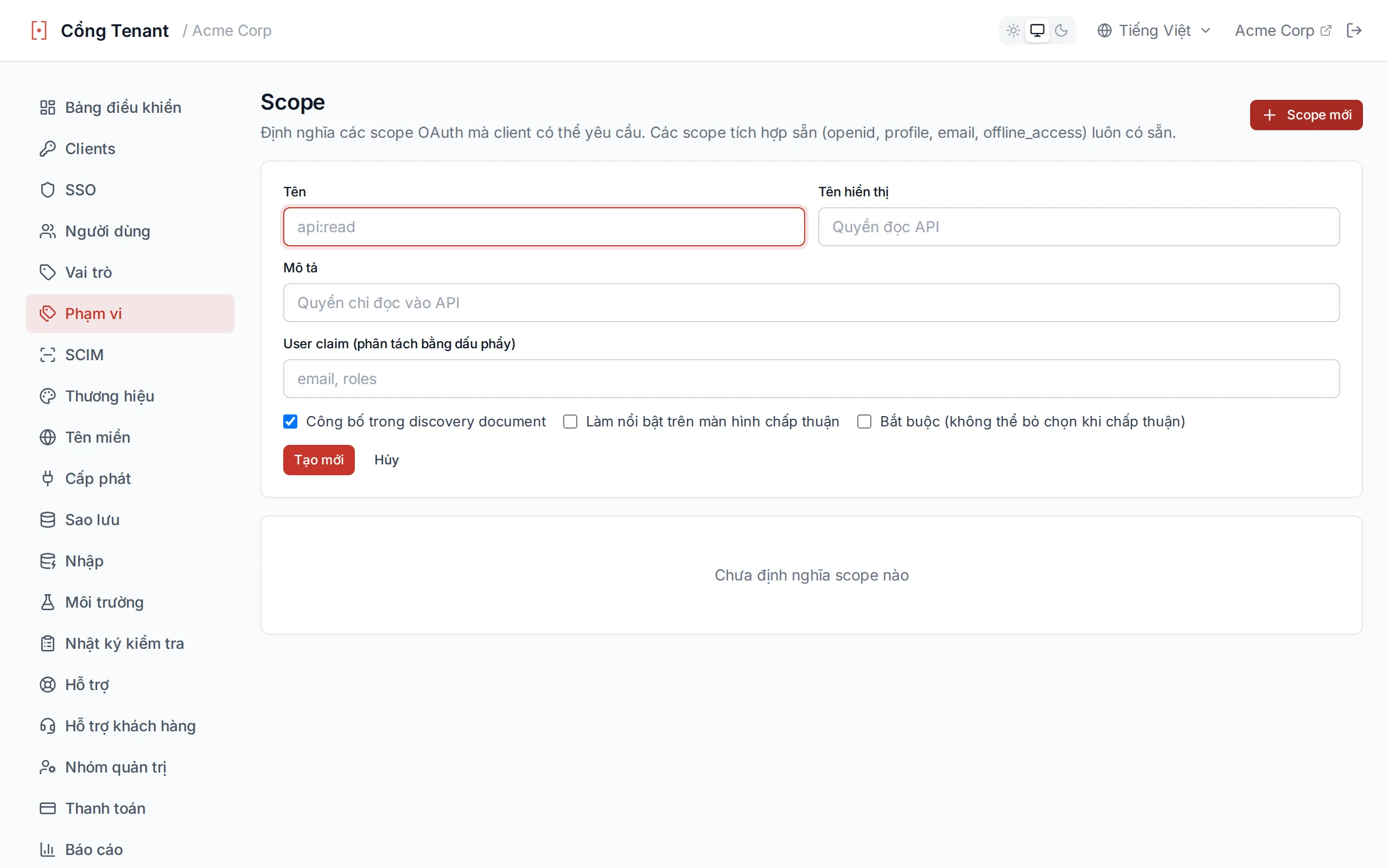Custom scope creation form with name, display name, description and User Claims fields