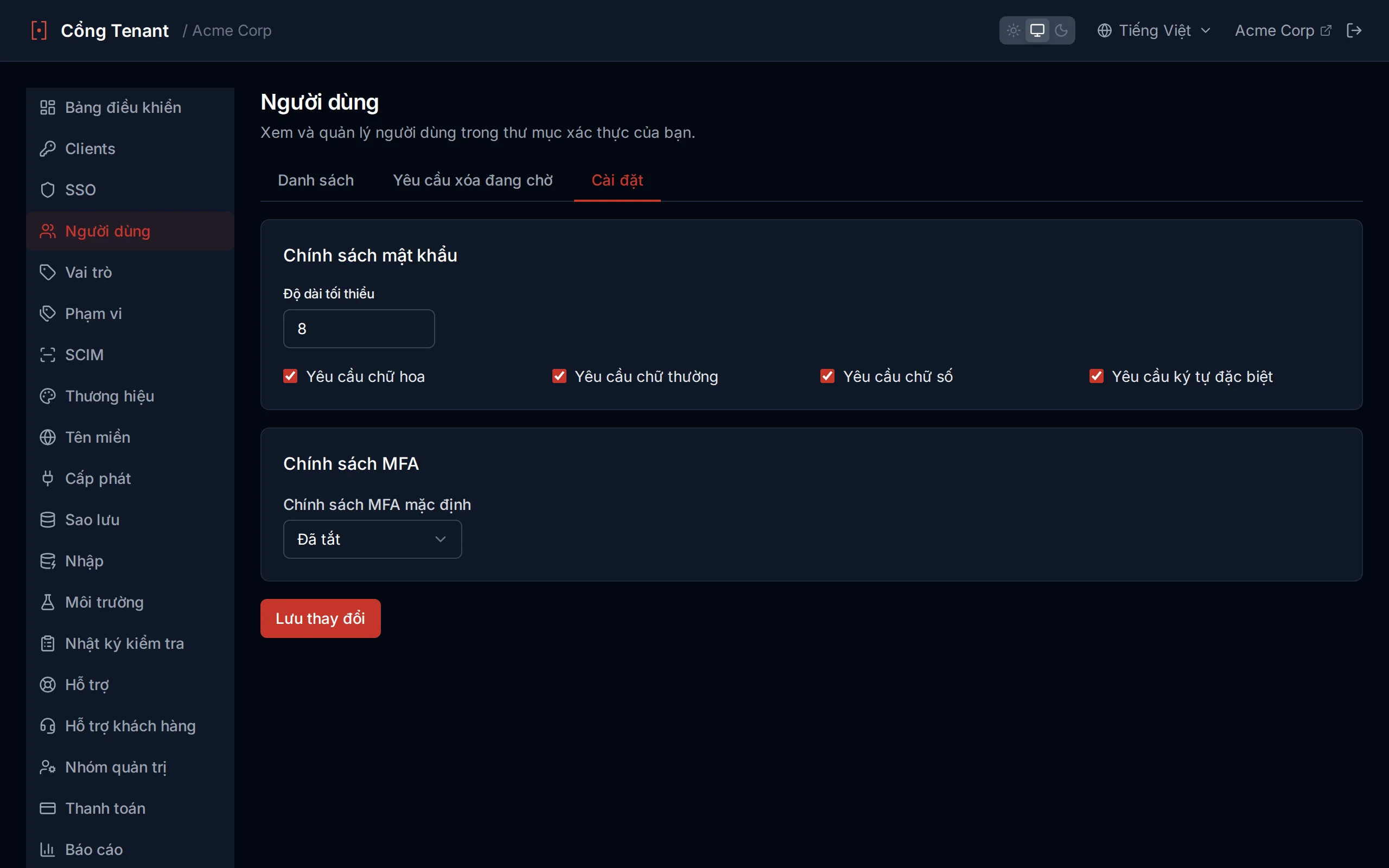 Password policy settings showing minimum length slider and toggle switches for character requirements