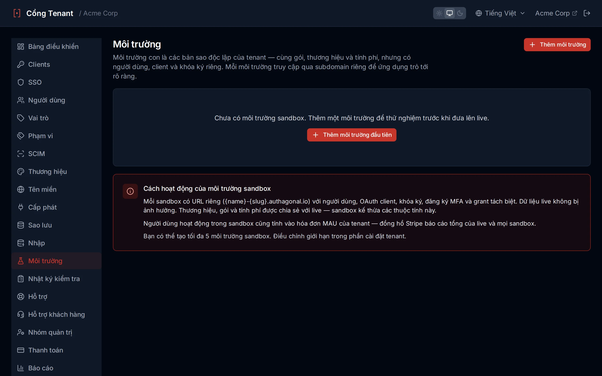Sandbox settings showing enable/disable toggle, refresh from live button, and sandbox URL display
