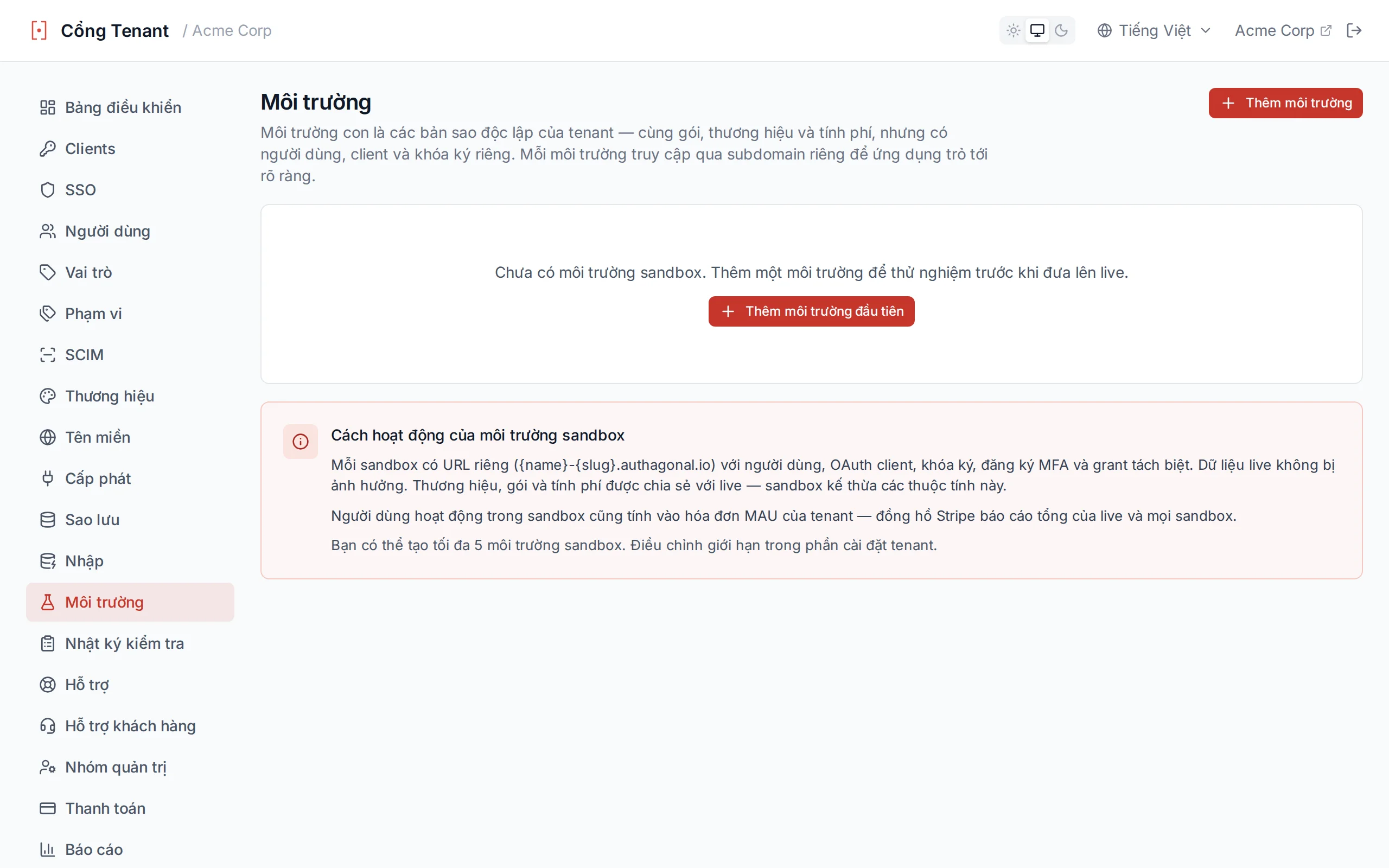 Sandbox settings showing enable/disable toggle, refresh from live button, and sandbox URL display