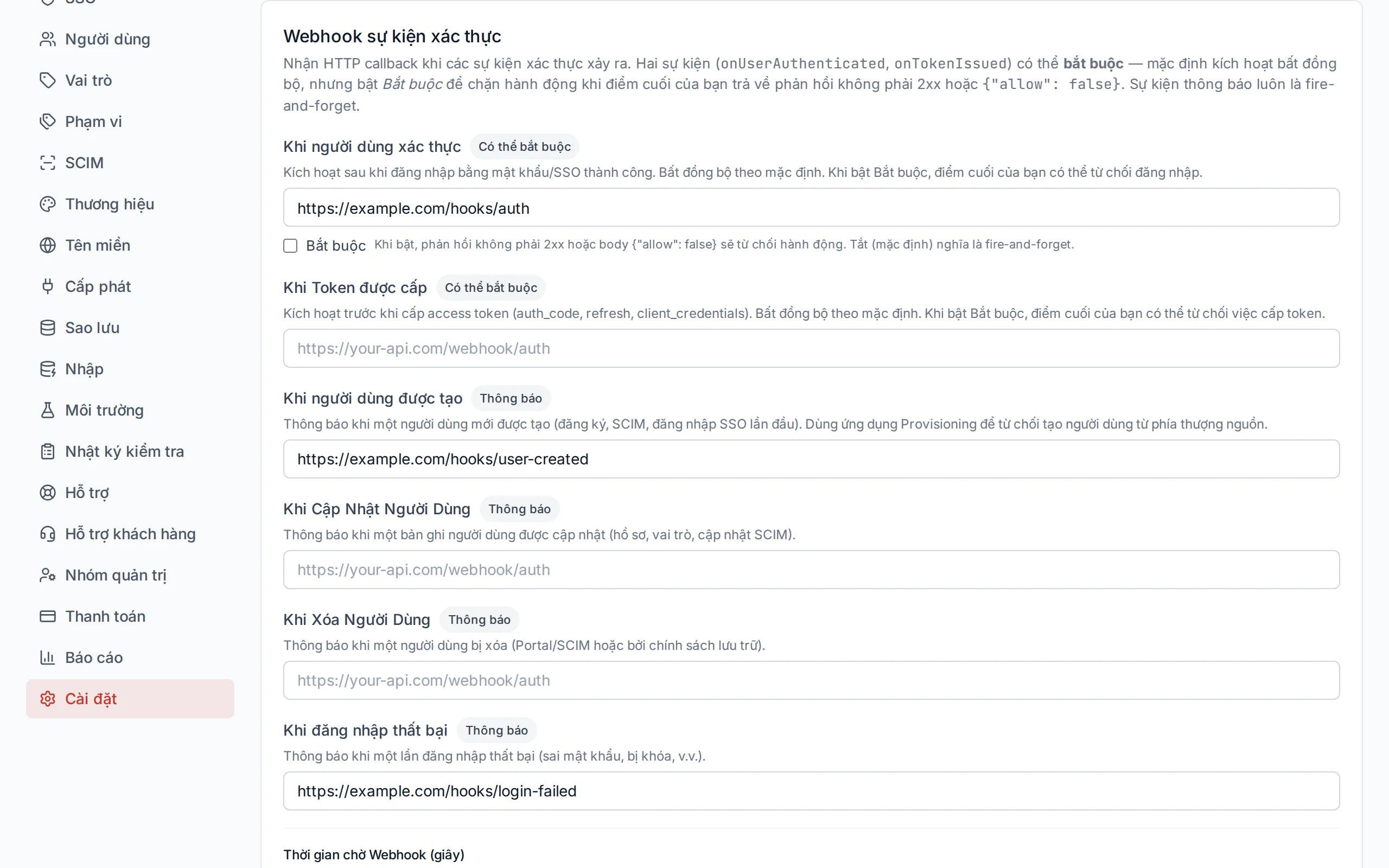 Webhook configuration section showing URL inputs for each event type, timeout slider, and fail-open toggle