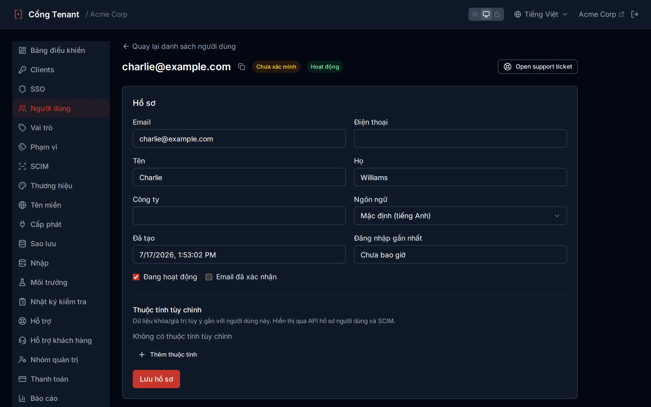User detail page showing profile fields, status, assigned roles, and custom attributes