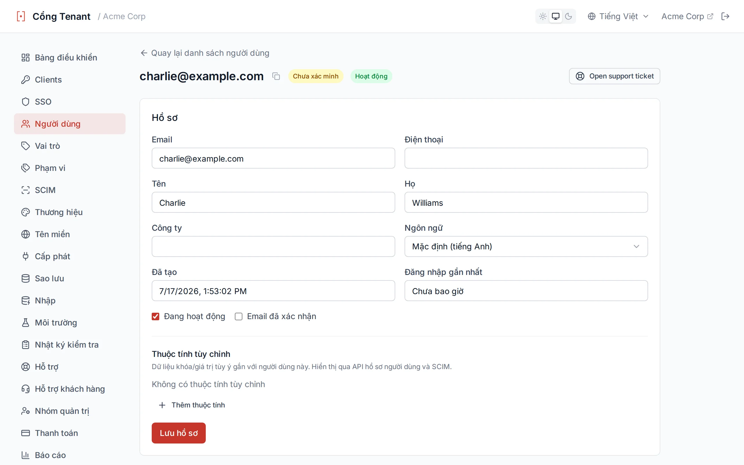 User detail page showing profile fields, status, assigned roles, and custom attributes