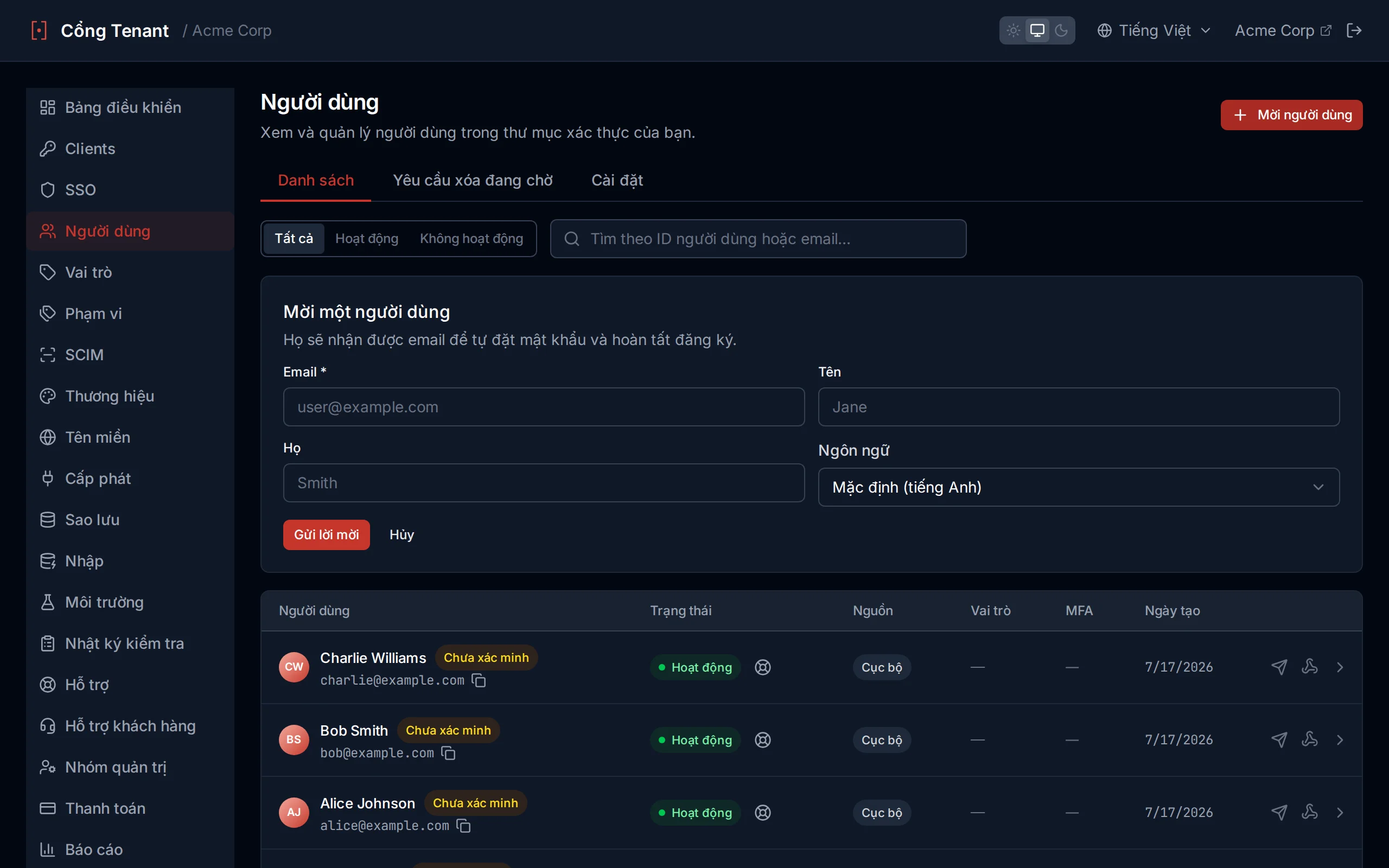 Create user form with email, password, first name, last name, and preferred Language fields