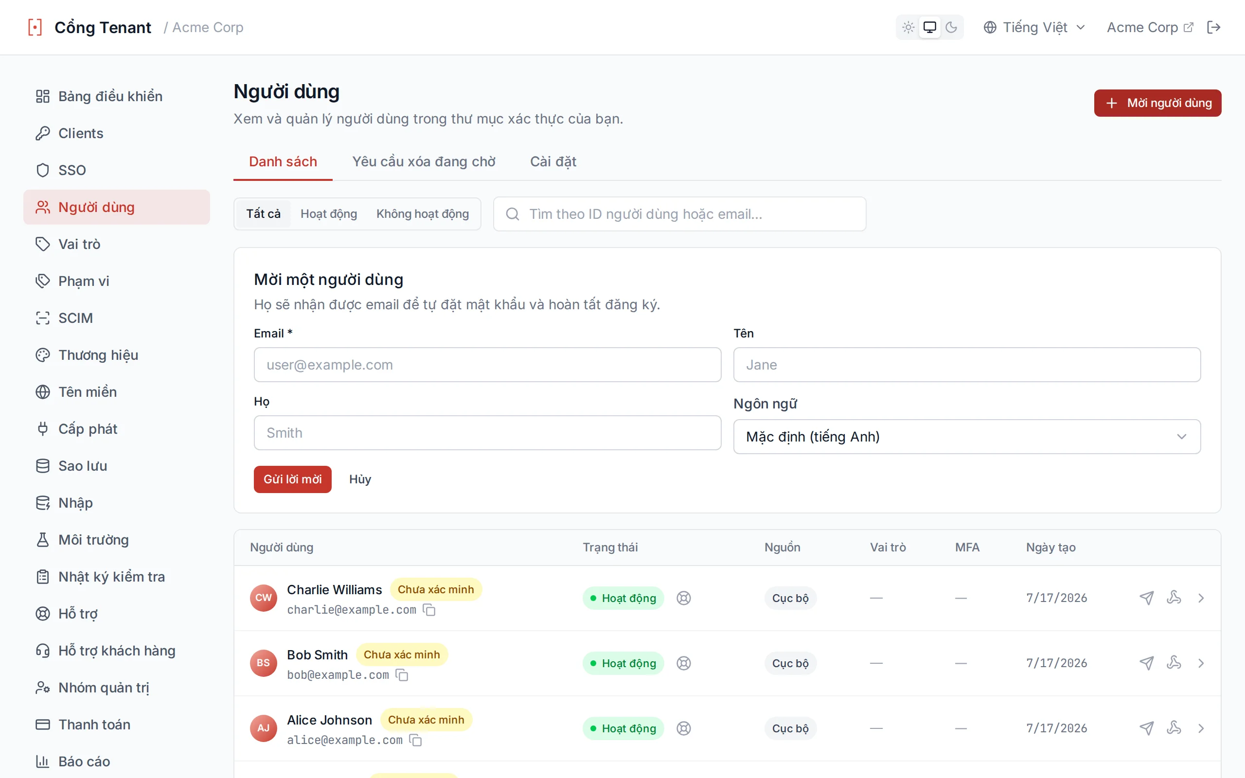 Create user form with email, password, first name, last name, and preferred Language fields