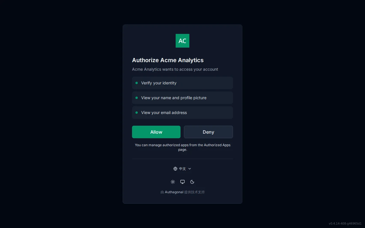 Consent screen showing the requesting application's logo and name, a per-scope permission list, and Allow and Deny buttons