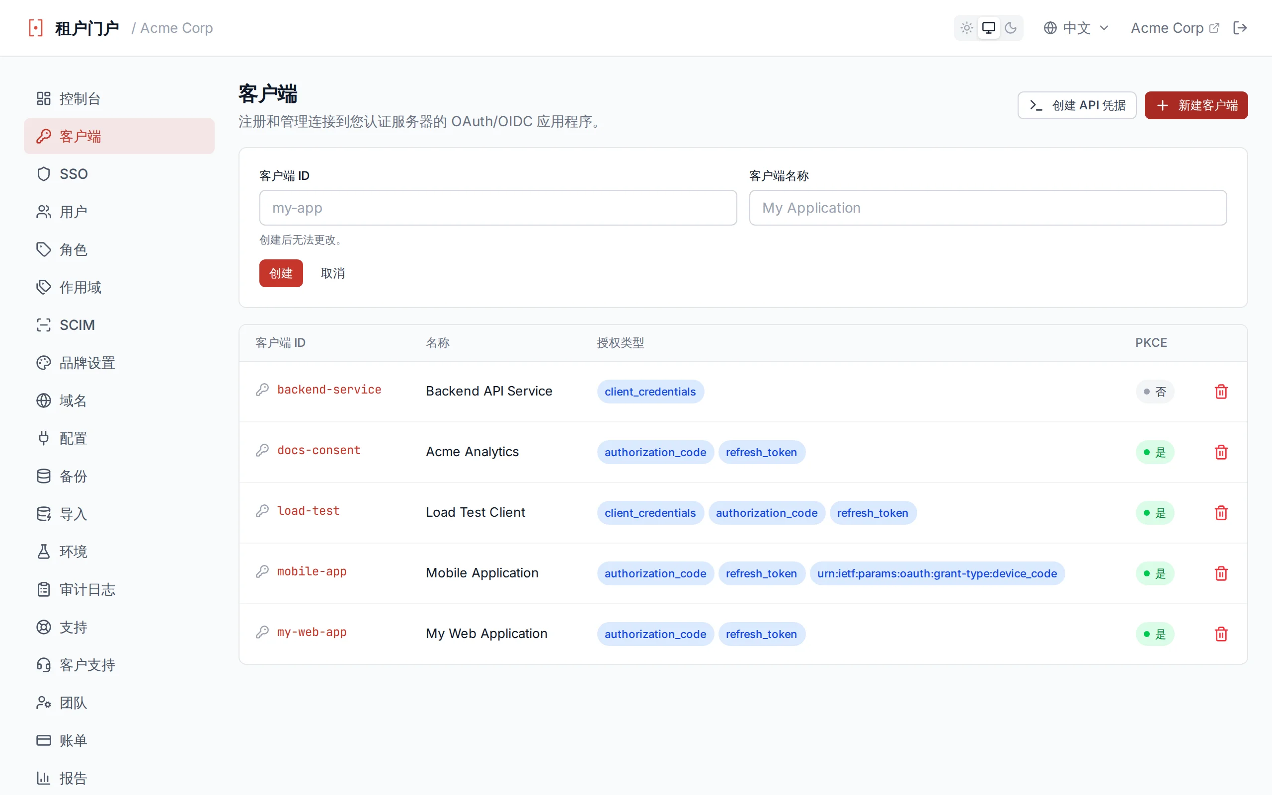 Create client form with clientId and clientName input fields