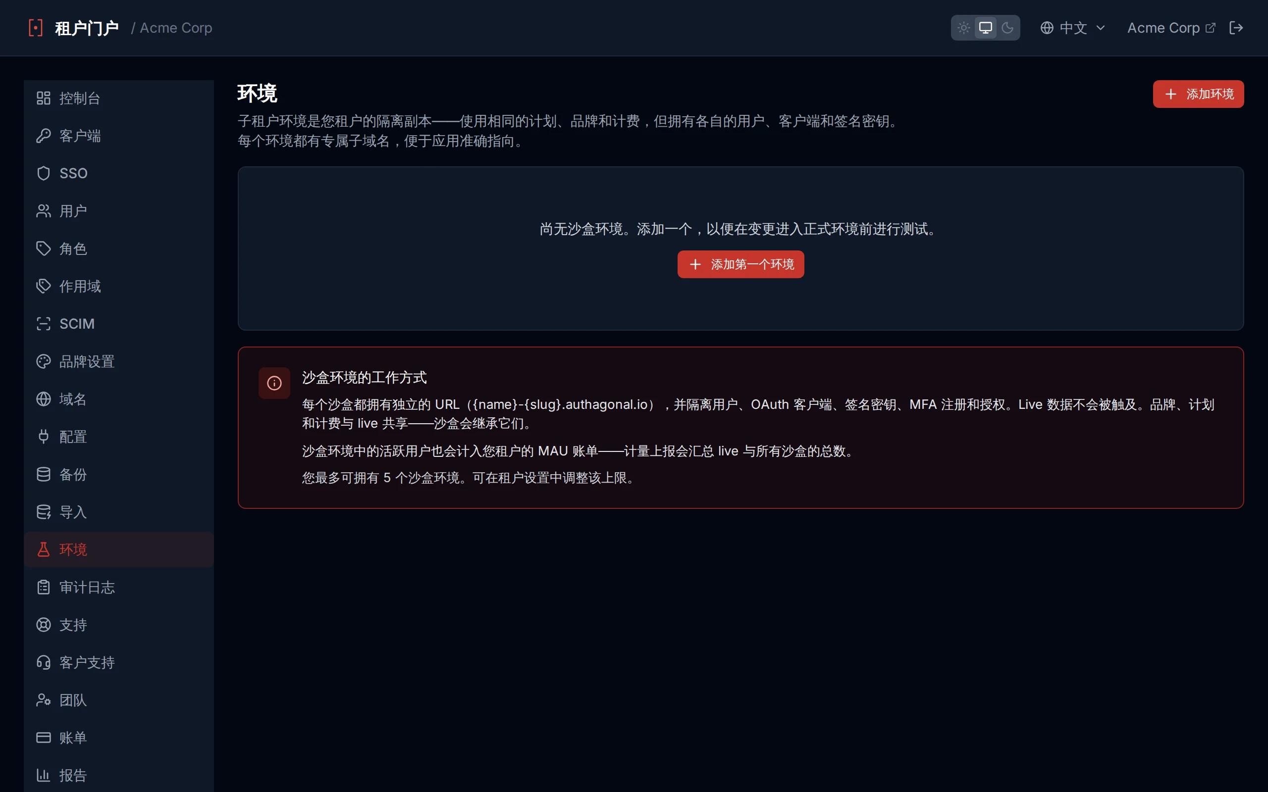 Sandbox settings showing enable/disable toggle, refresh from live button, and sandbox URL display