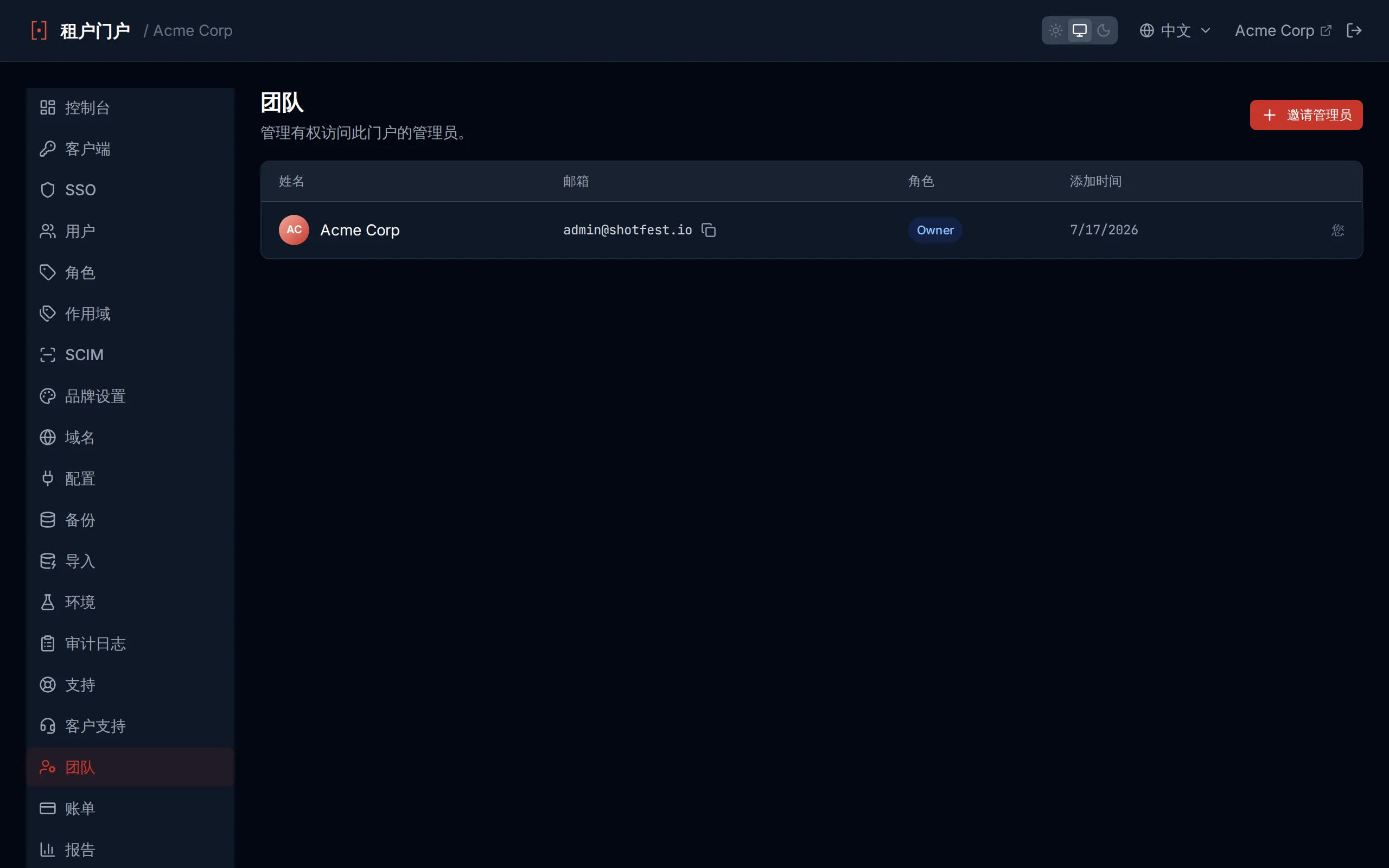 Team page showing the admin list with name, email, date added columns, a You indicator, and invite/remove controls