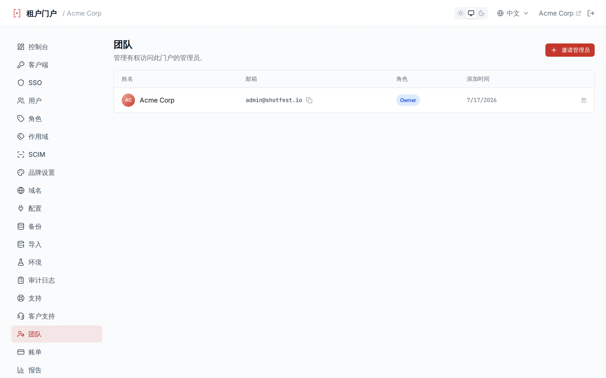 Team page showing the admin list with name, email, date added columns, a You indicator, and invite/remove controls
